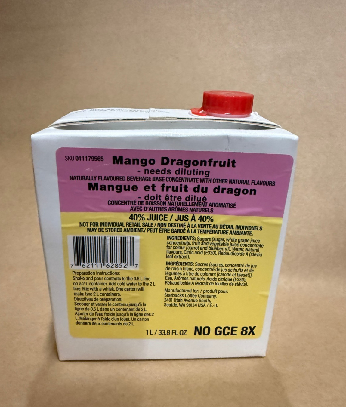 Starbucks Mango Dragonfruit Beverage Base, 1 Liter, BB 7/30/26
