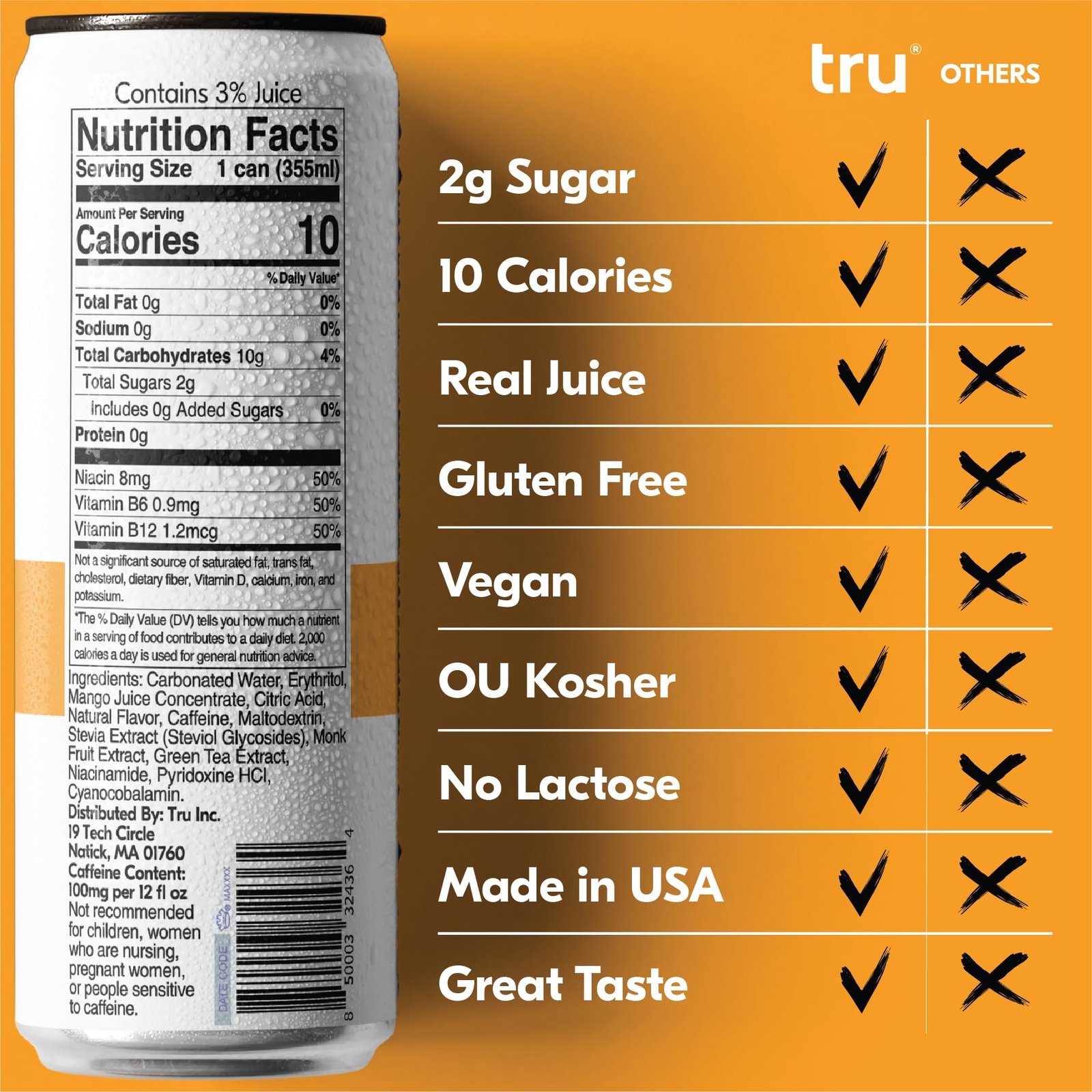 Tru Energy Seltzer Orange Mango Drink Natural Caffeine Green Tea Extract 12 Pack