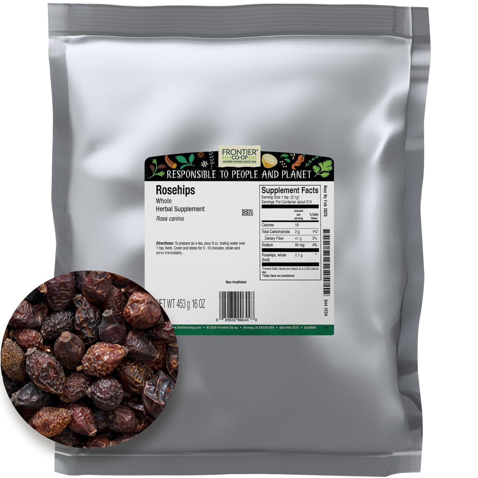 Frontier Co-op Organic Whole Rosehips Dried 1 Pound for Tea Jam Skincare