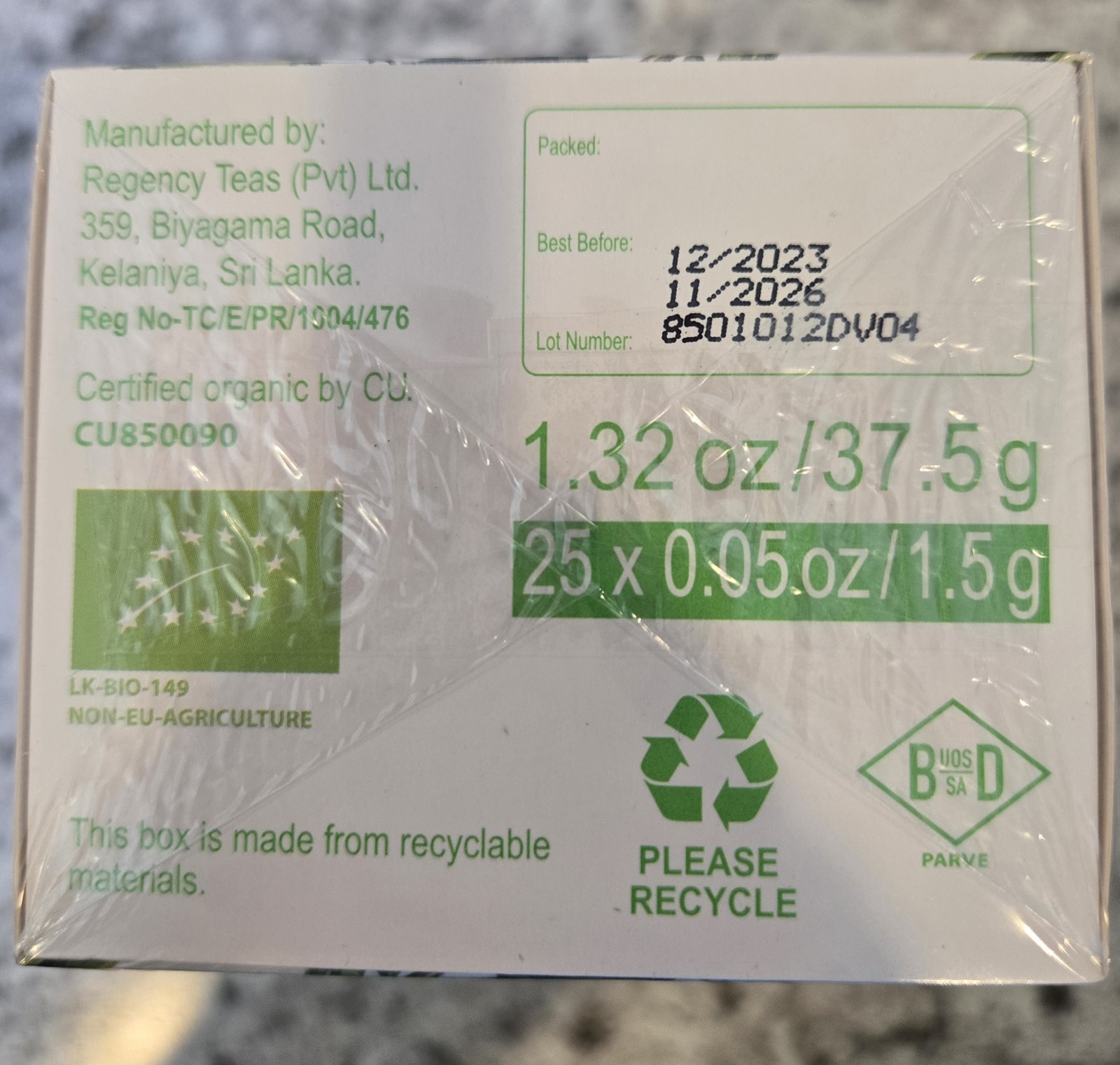 Hyleys Organic Green Tea 25 Ct. Exp. 11/26