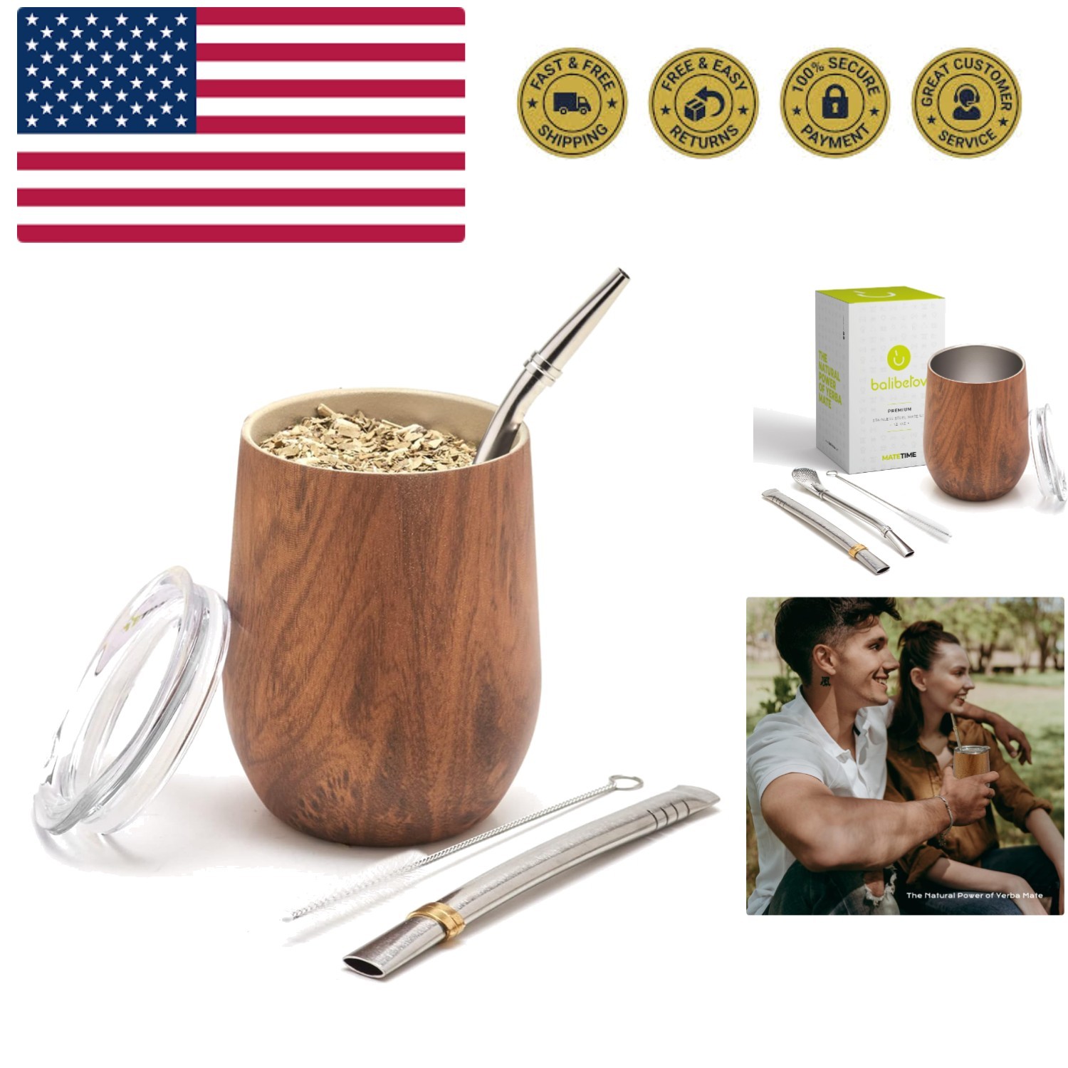 Stainless Steel Yerba Mate Gourd Set, 5 Pcs Including 12 oz Gourd with Lid, 2…