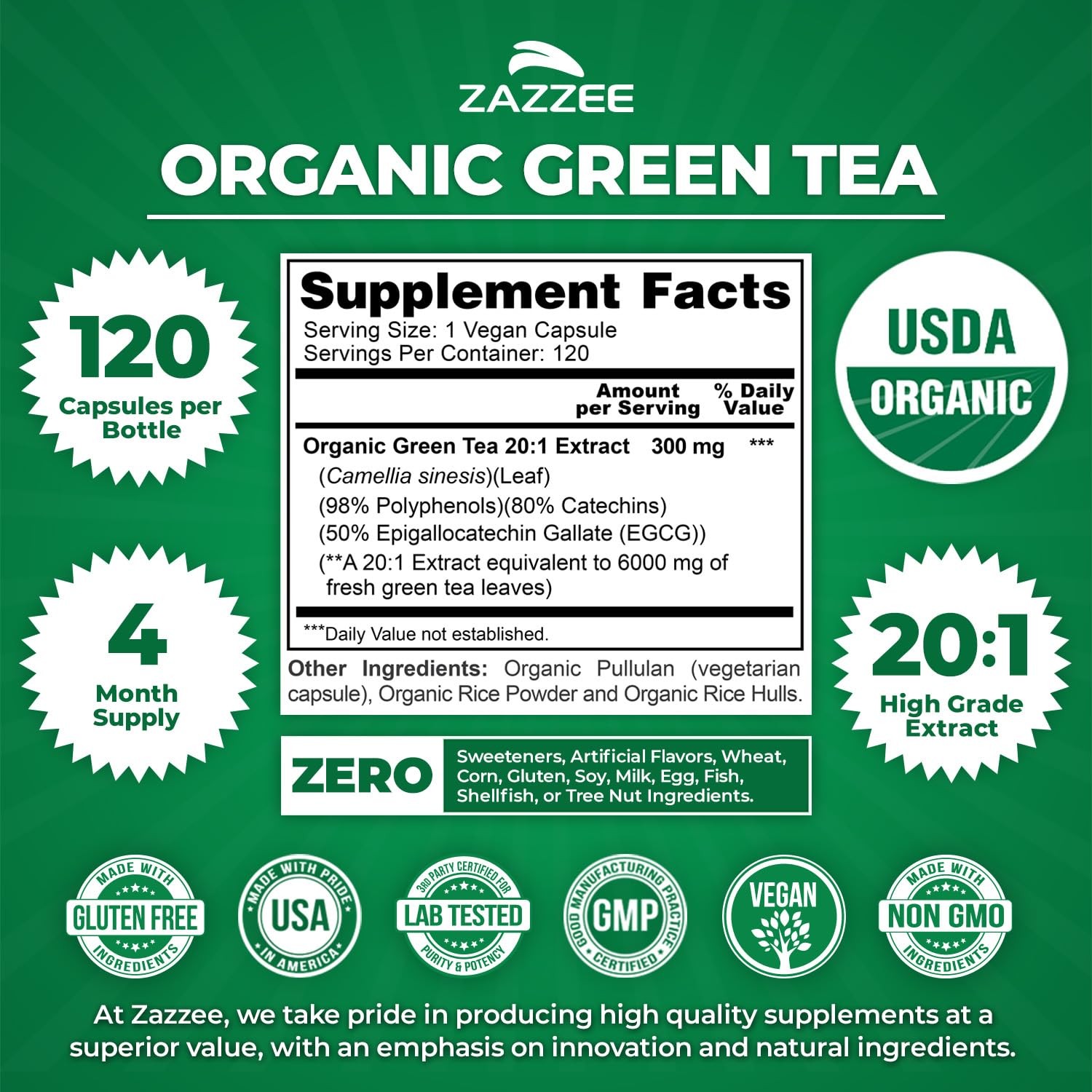 Zazzee USDA Organic Green Tea 20:1 Extract, 50% EGCG, 120 Count (Pack of 1)