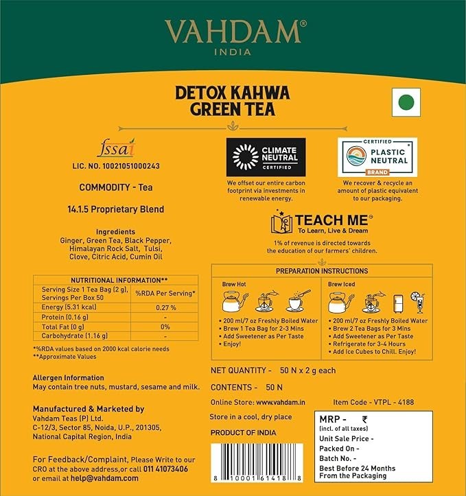 Indian Kahwa Green Tea Detox Weight Loss Herbal Tea Bags Ayurvedic Organic