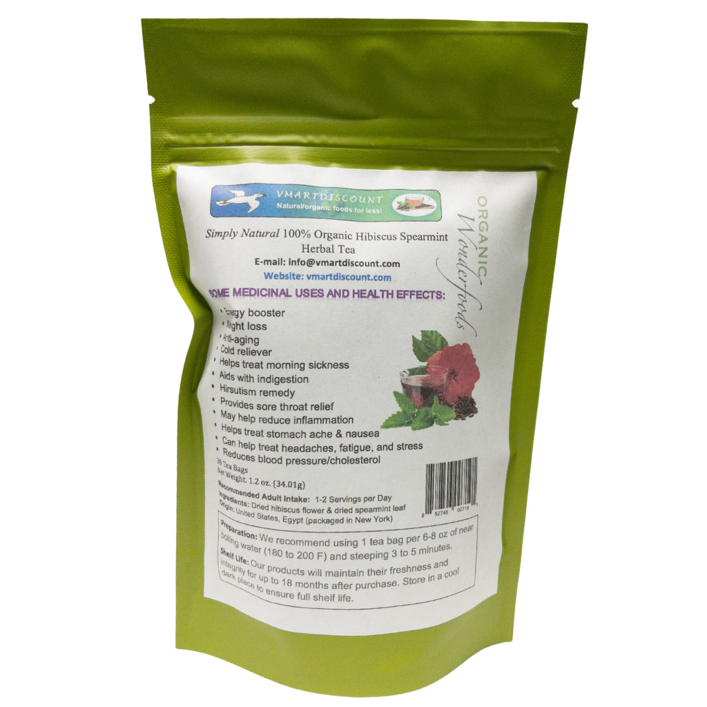Hibiscus Spearmint Herbal Tea, 30 Premium Tea Bags, All Natural Herbal Tea