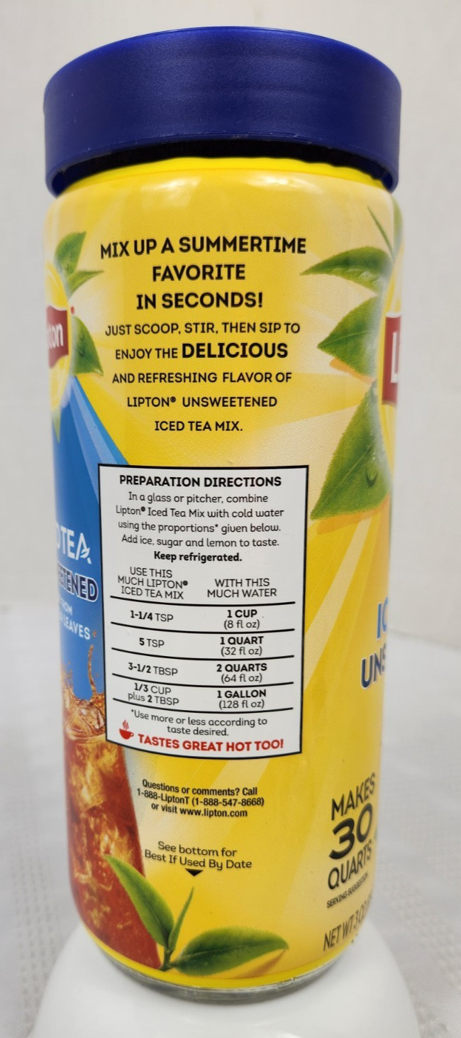 New Lipton Unsweetened Iced Tea Mix Makes 30 Quarts 3 oz Glass Jar Sealed
