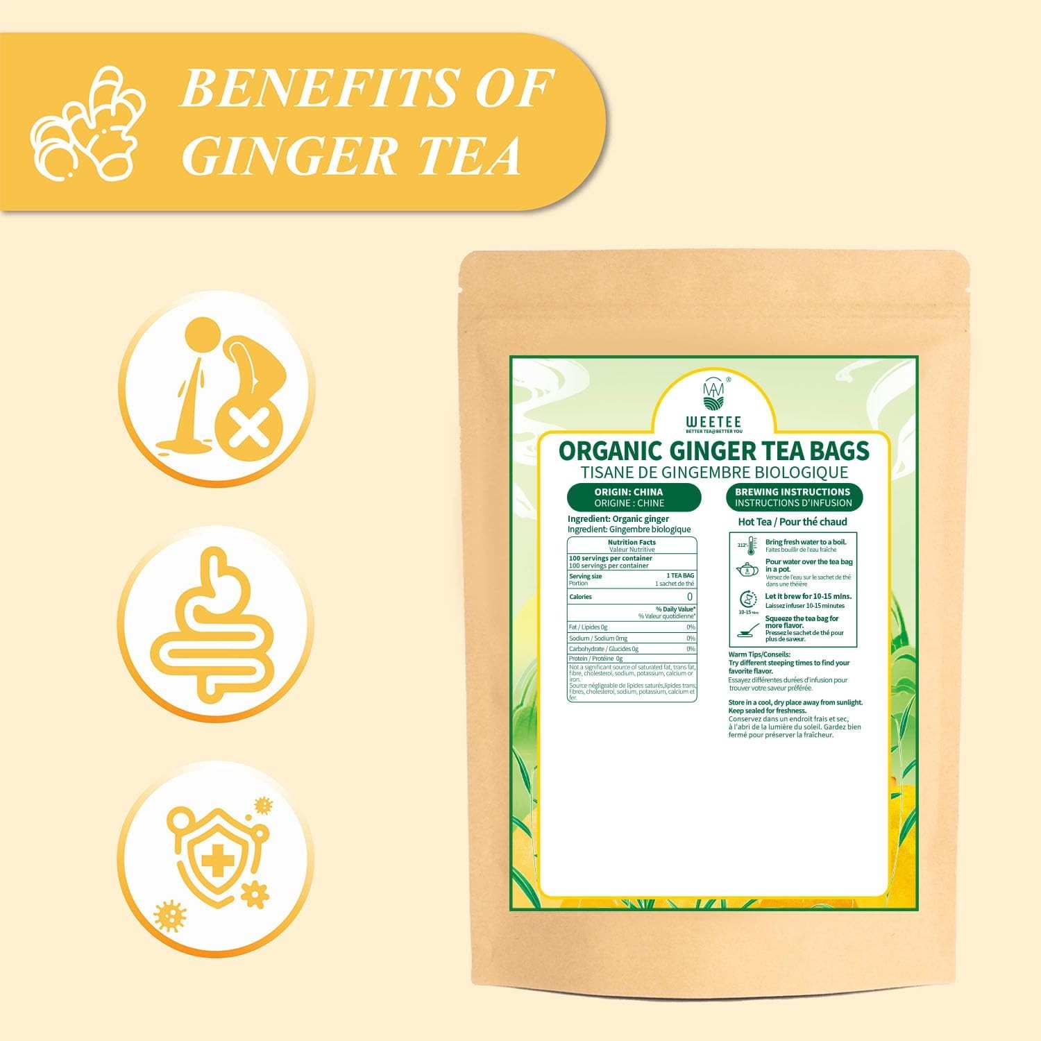 Caffeine Free Ginger Tea, 100 Count Organic Bags for Nutritional Benefits