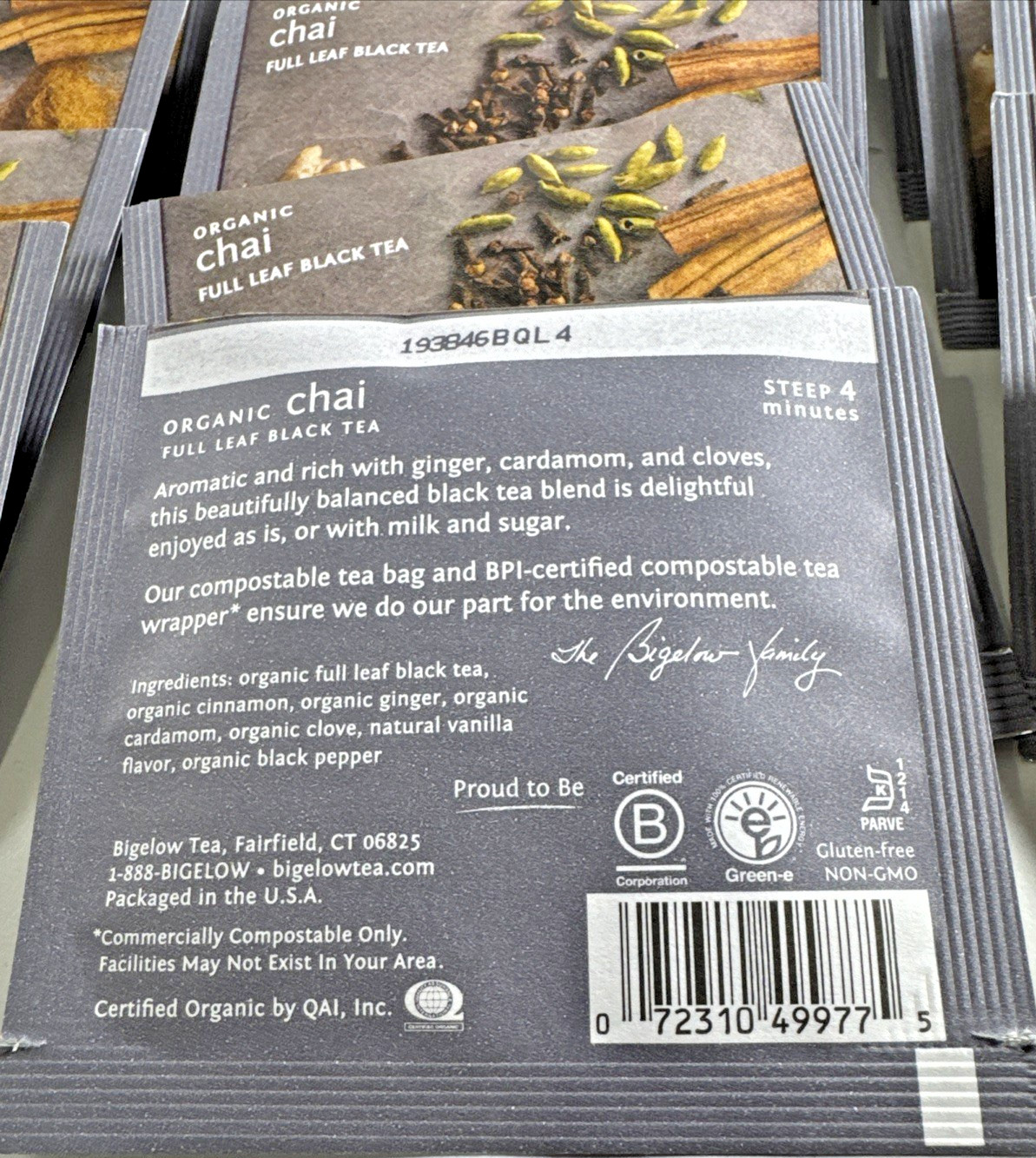 NEW 50 Individual SEALED Bags Steep By Bigelow Café Organic CHAI BLACK TEA