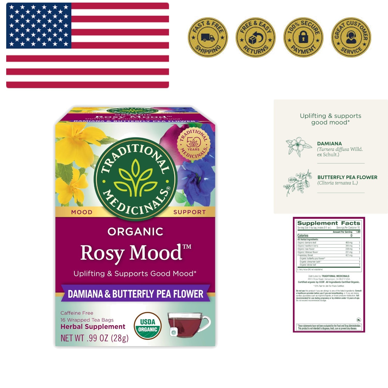 Organic, Rosy Mood, Damiana & Butterfly Pea Flower – Uplifting Mood Support -…