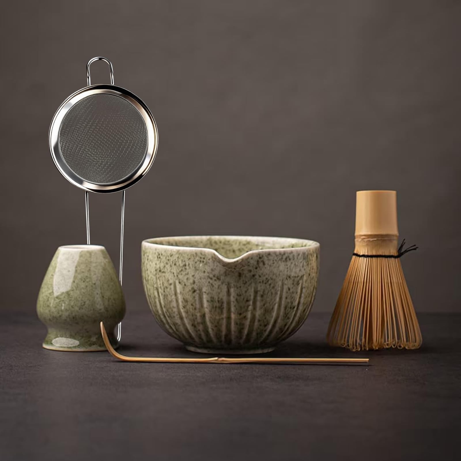 Matcha Set 5 Pc 15oz Bowl Whisk Stand Scoop Tea Ceremony Green
