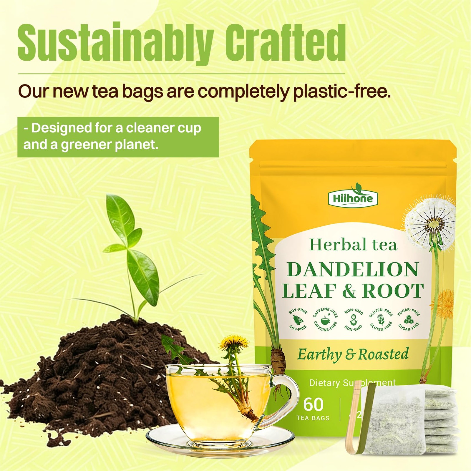 Hiihone Dandelion Root & Leaf Tea Bags 60 Count – Caffeine-Free Dandelion Herbal
