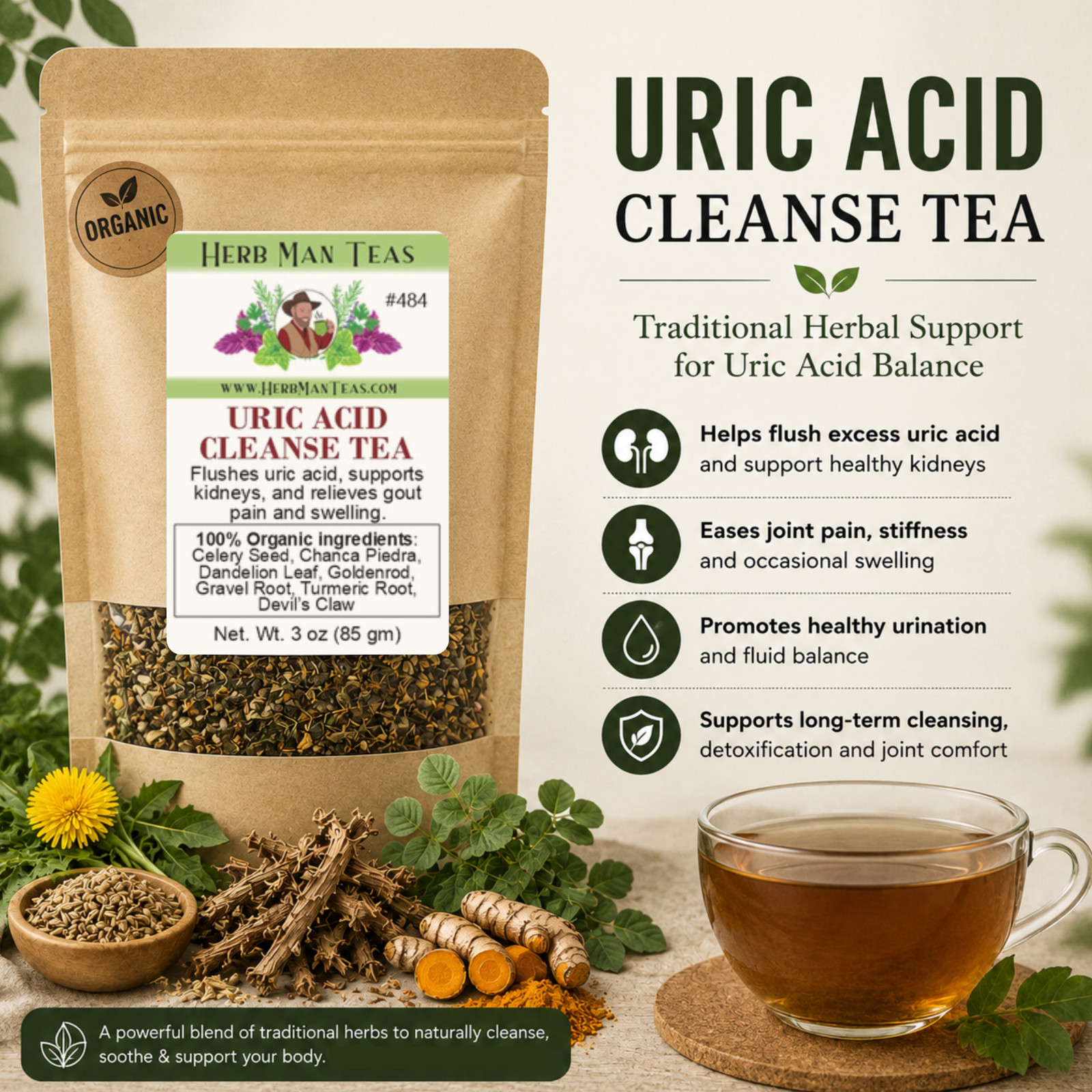URIC ACID CLEANSE TEA #484 | FOR GOUT JOINT COMFORT, Herbalist Crafted | ORGANIC
