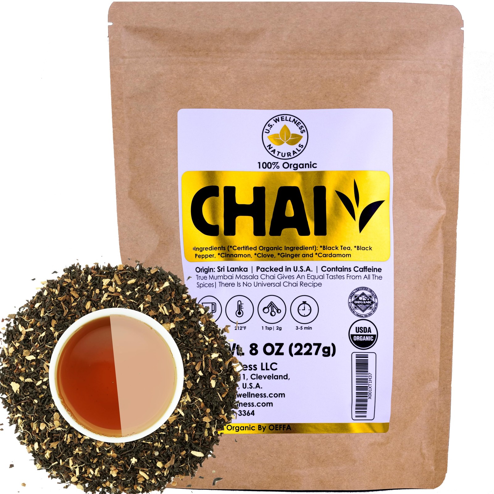 Organic Chai Tea Loose Leaf | 110+ Cups | Black Tea, Cinnamon, Cardamom, Cloves