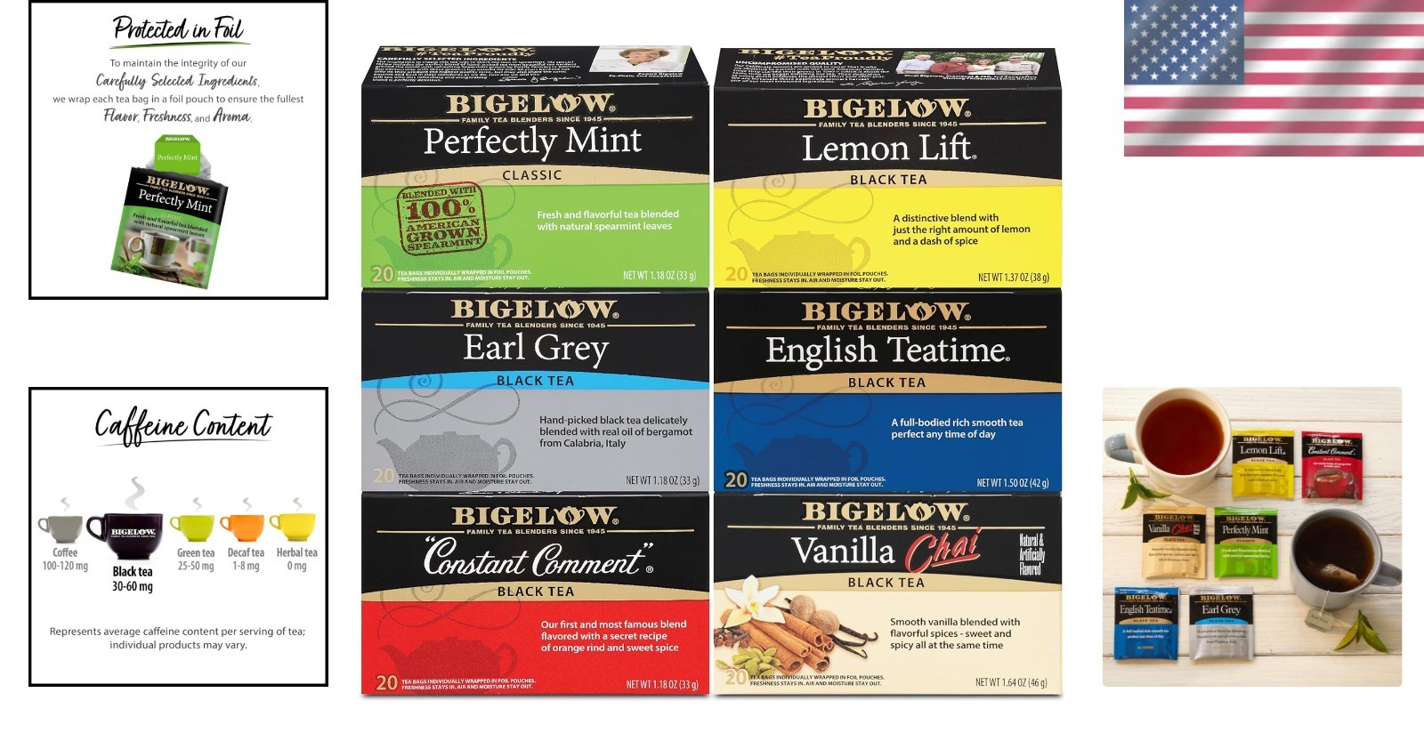 Bigelow Assorted Black Tea Pack – 6 Flavors for Anytime Enjoyment, 120 Count