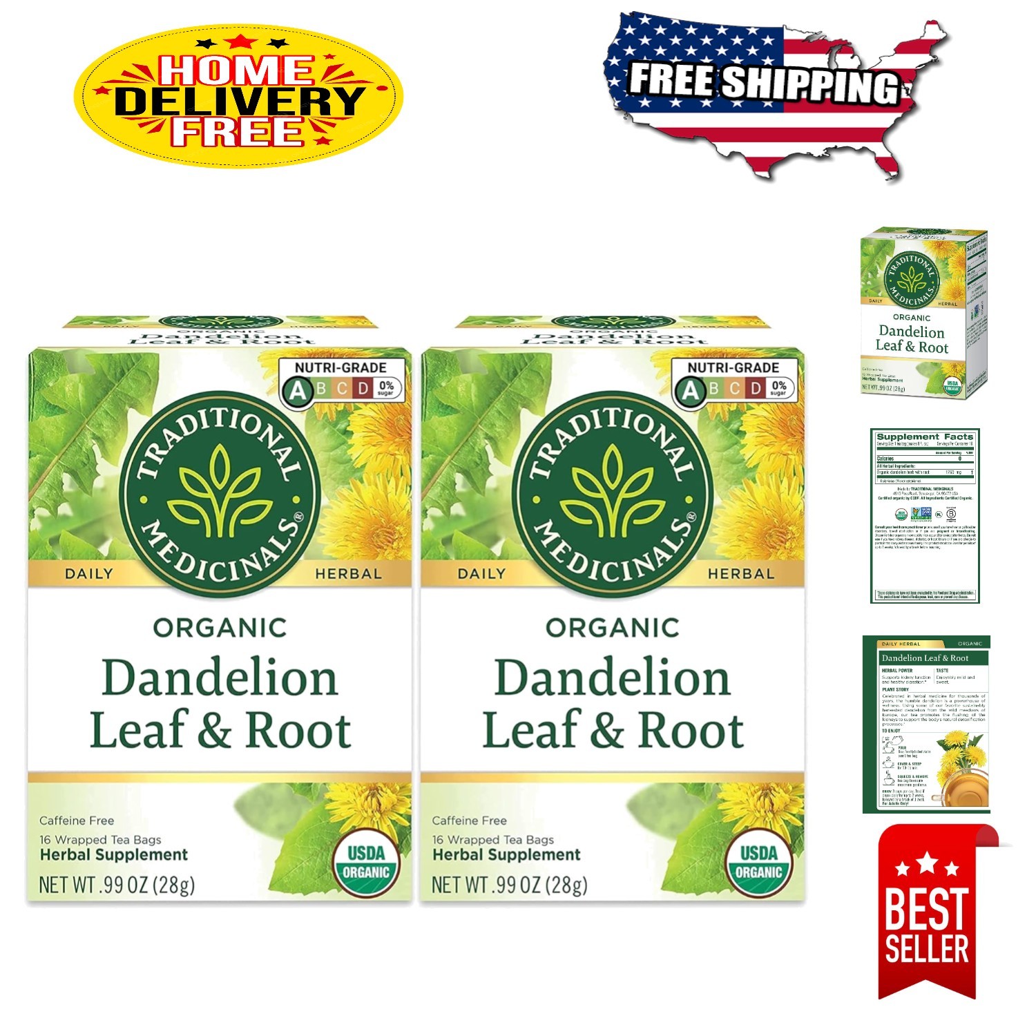 Pack of 2 Organic Dandelion Teabags – 32 Count, Allergen-Free Herbal Benefits