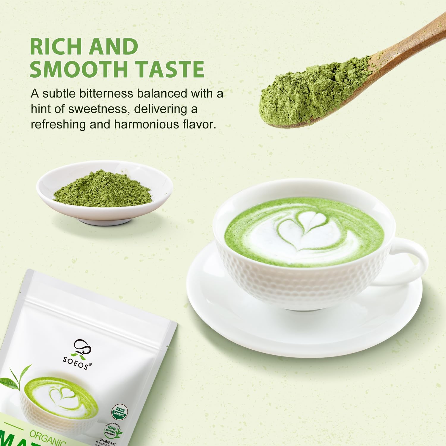 Soeos Matcha Powder, 2oz with 7-Piece 2 Ounce and 7 Piece Set, Multicolor