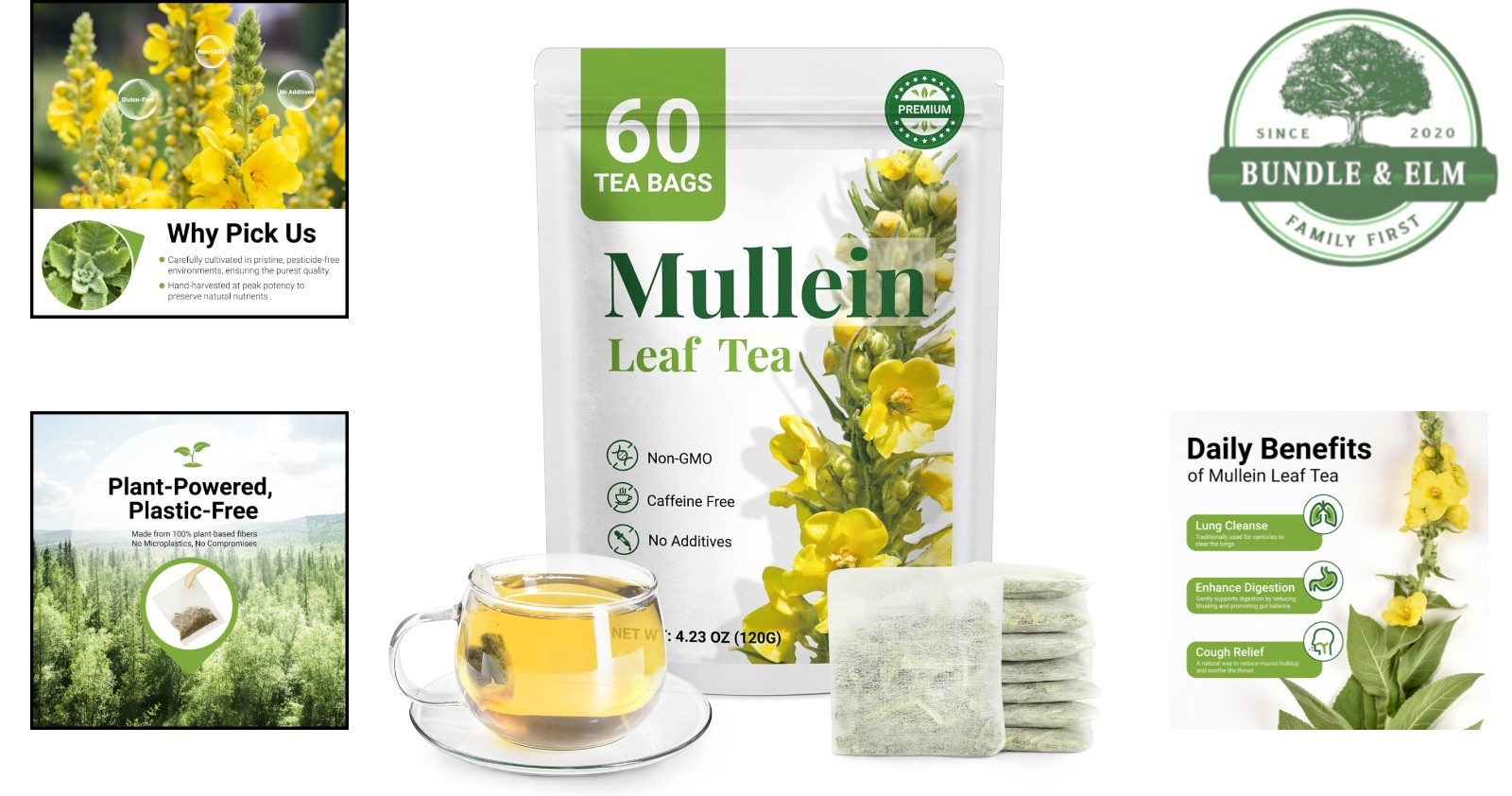 Organic Mullein Leaf Tea – 60 Bags for Lung Health & Relaxation, Plastic-Free