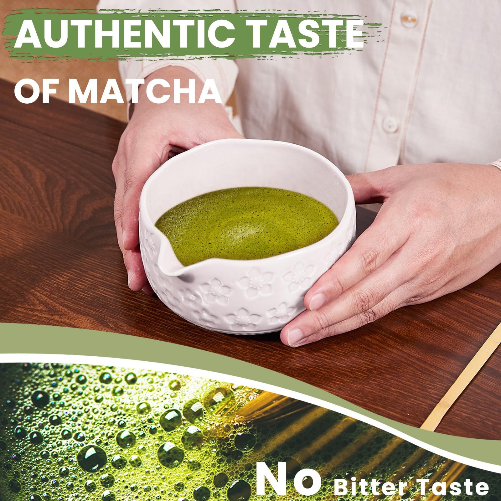 Matcha Whisk Set 6 Pcs Sakura White Ceramic Bowl, Whisk, Sifter, Scoop