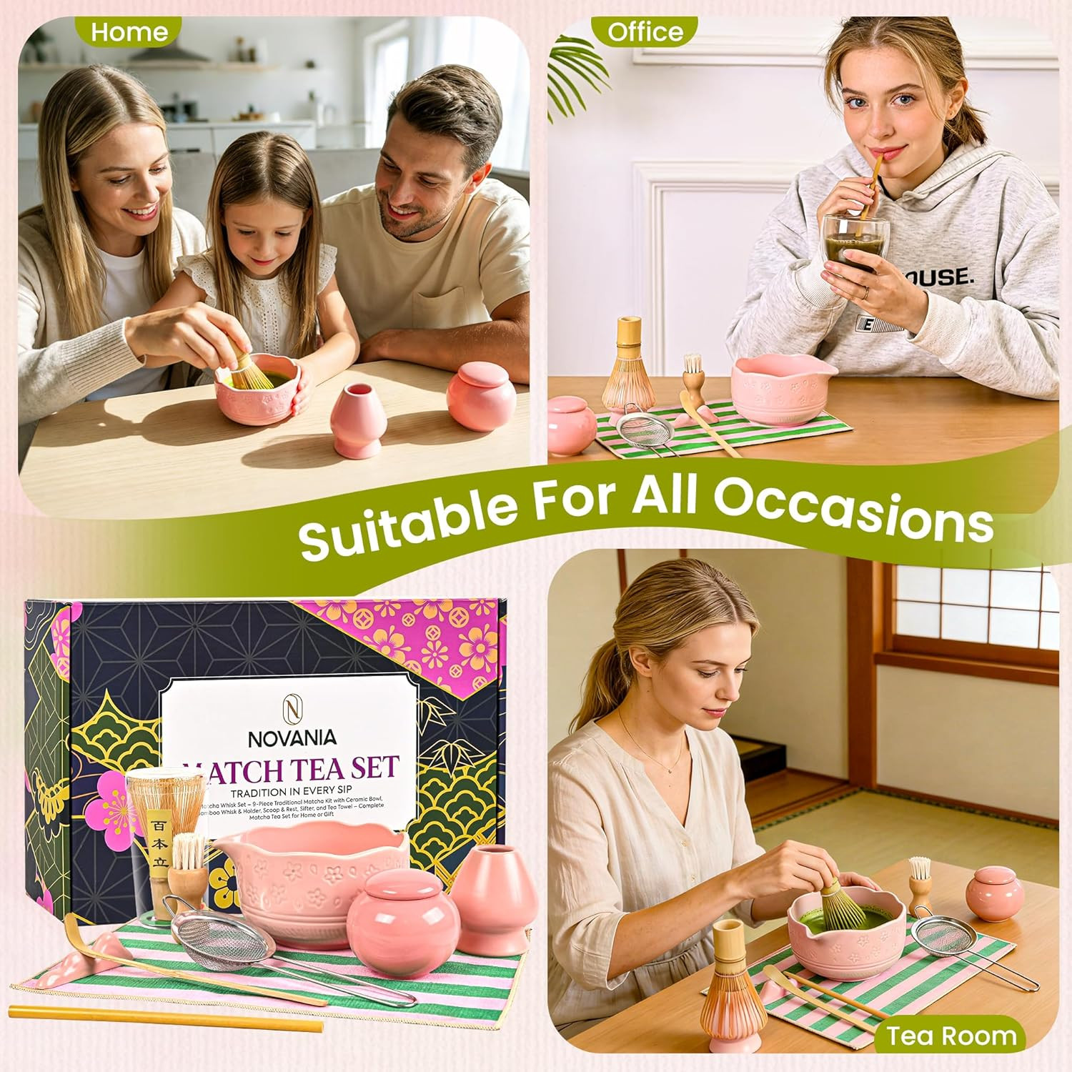 NOVANIA Pink Matcha Whisk Set – 10Pcs Premium Japanese Bamboo Matcha Kit with Bo