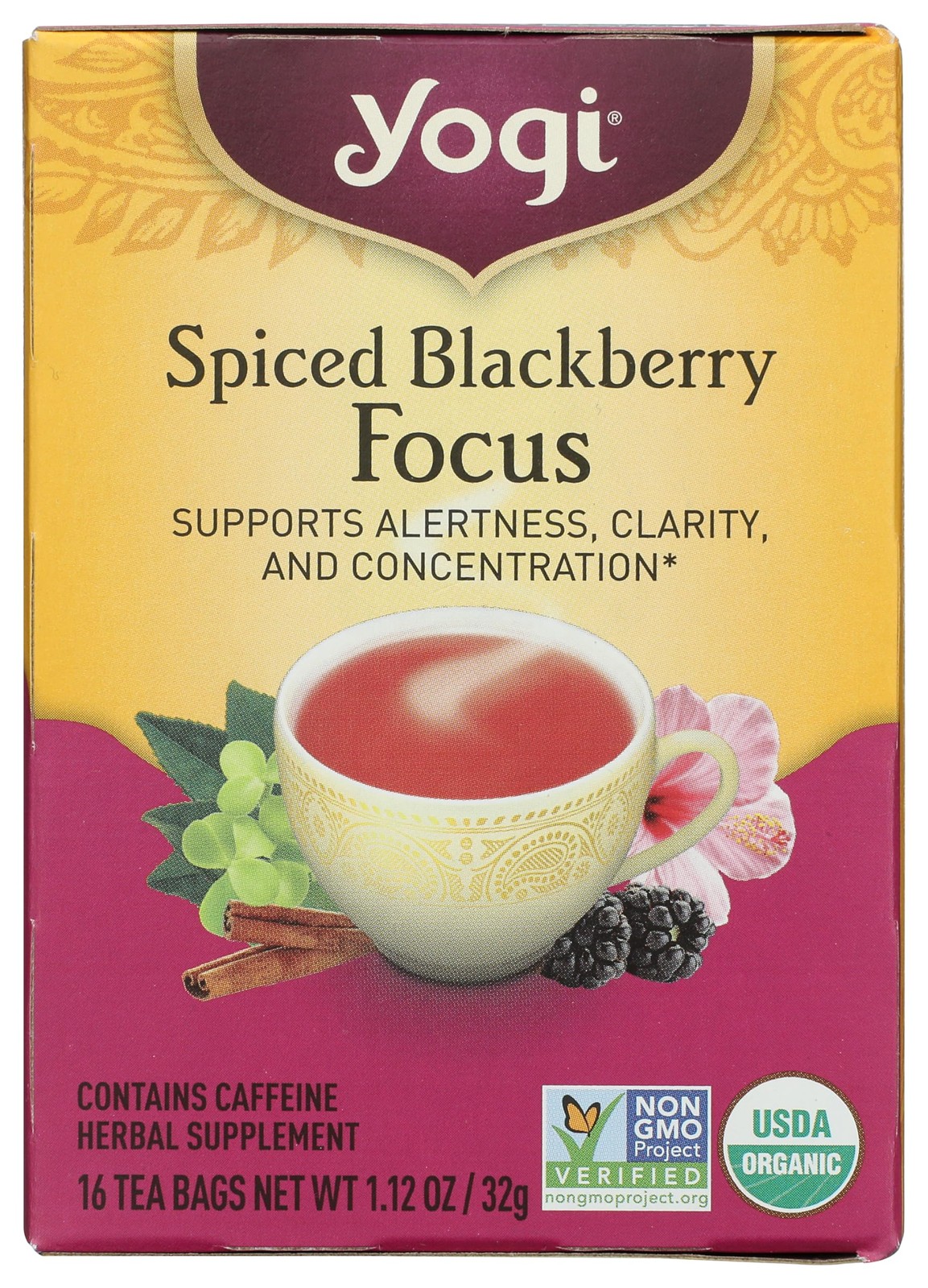 Yogi Spiced Blackberry Tea Bags Focus Blend 16 Count Hibiscus Cinnamon Clove