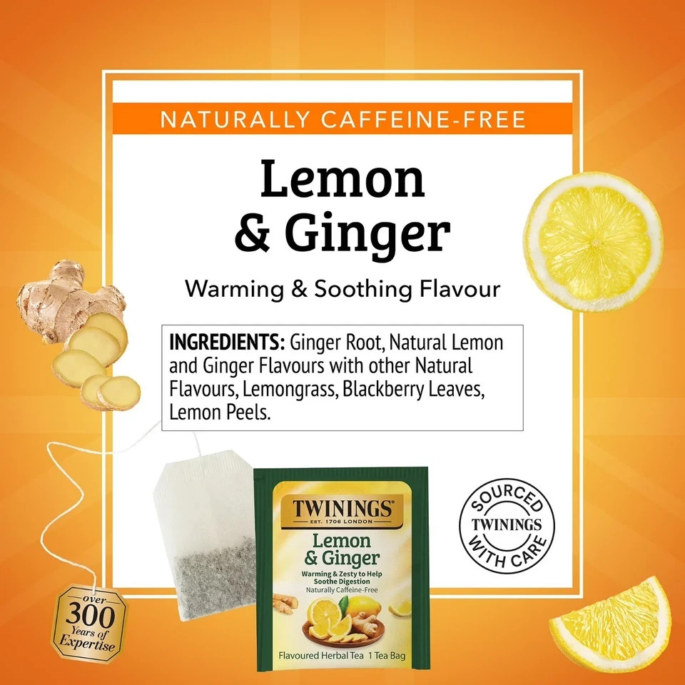 Twinings Lemon & Ginger Herbal Tea Bags Caffeine Free 50 Count Box-FREE SHIPPING