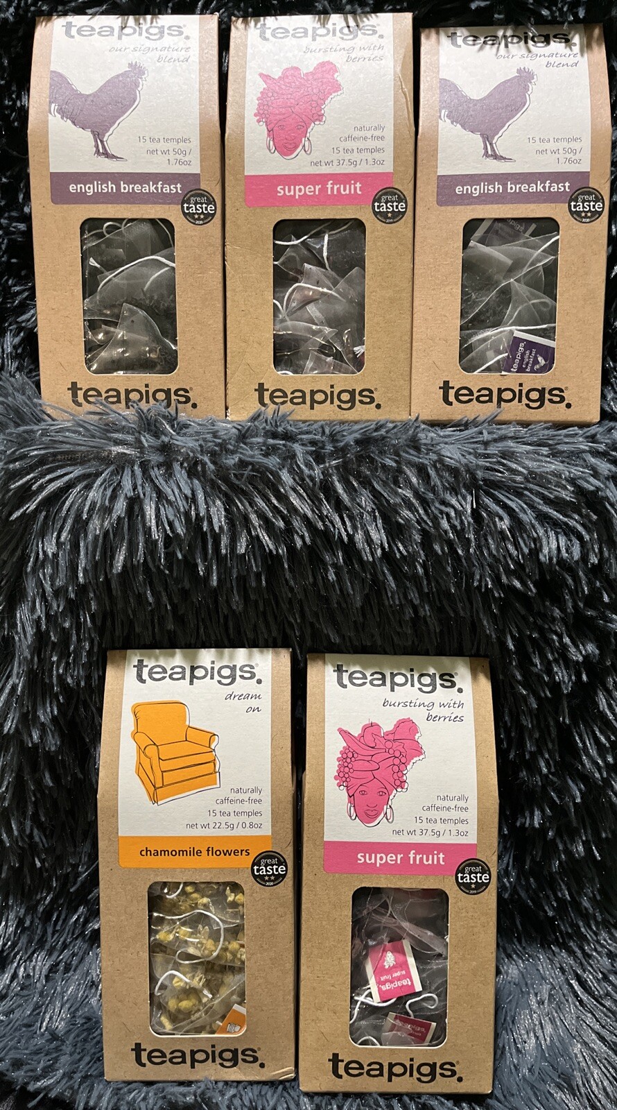 5 Assorted Boxes Of Teapigs Temples (15/box) English, Chamomile & Super Fruit