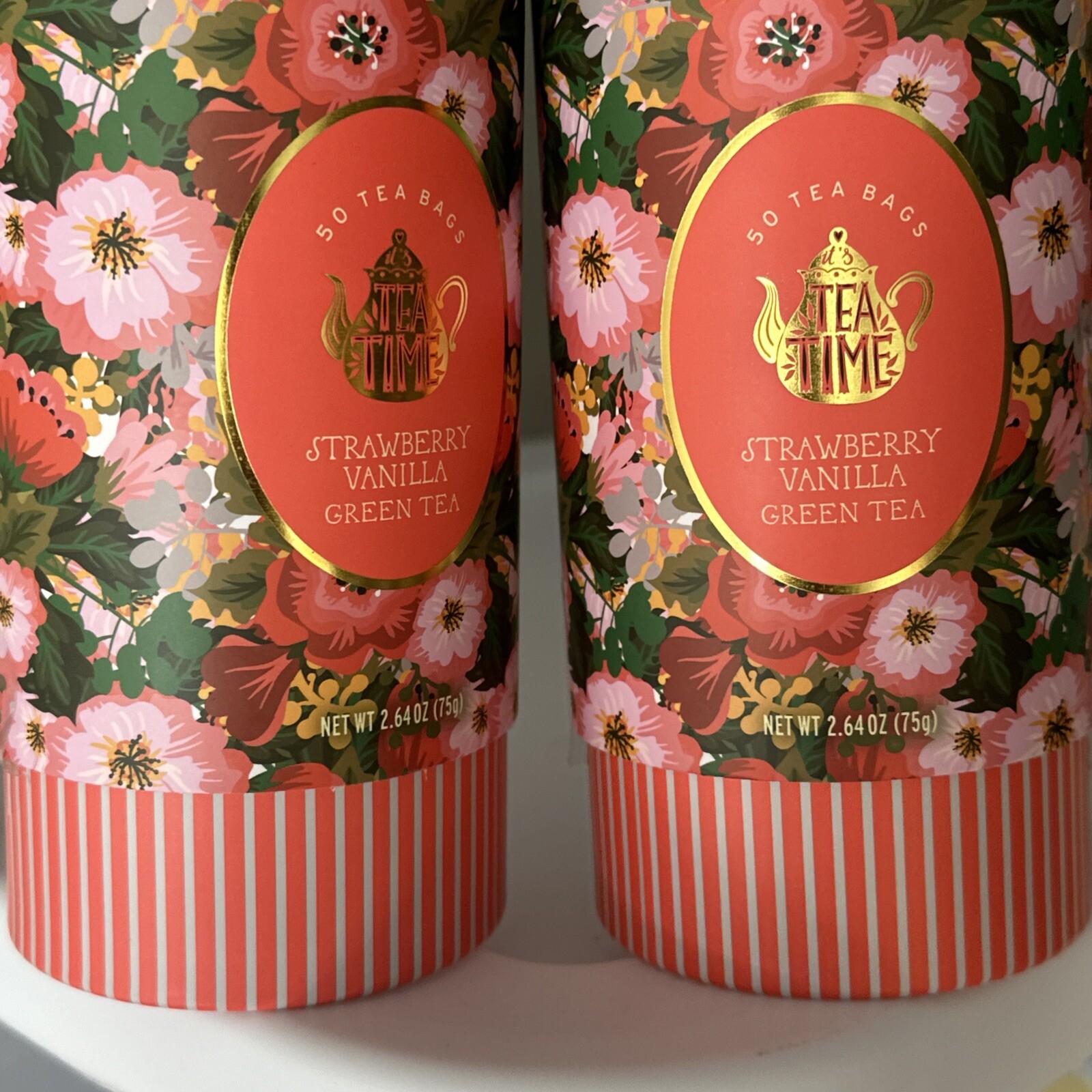 TEA TIME 🫖 CAFFEINATED 🫖 STRAWBERRY VANILLA GREEN TEA – 2 tubes-100 Tea Bags