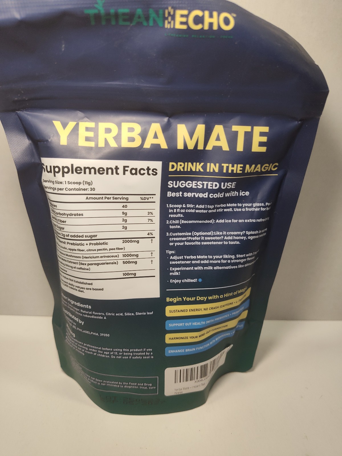Yerba Mate Peach Mango Instant Tea 11.64oz 30 Servings TheanEcho Exp 05/2027