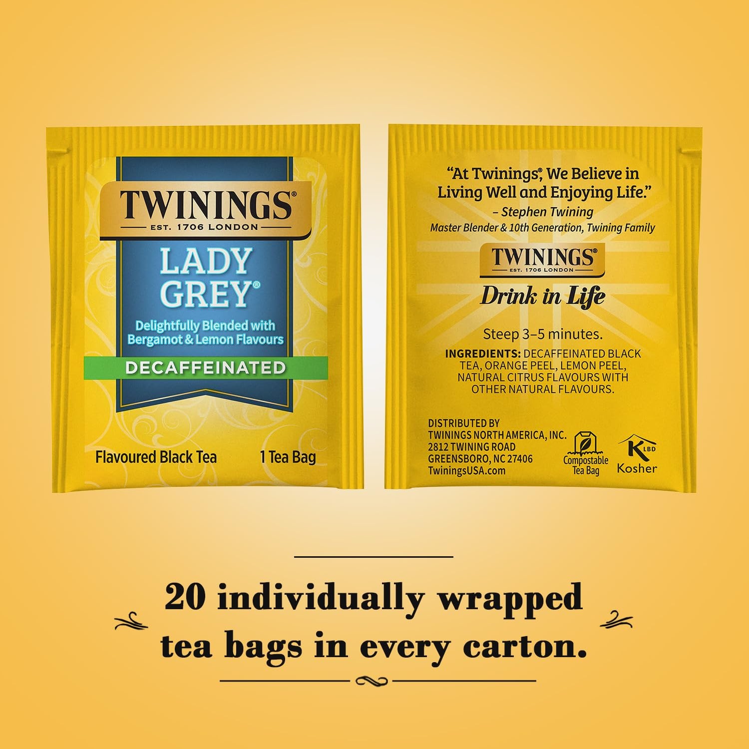 Twinings Decaffeinated Lady Grey 20 Count Citrus Black Tea Bags Hot or Iced