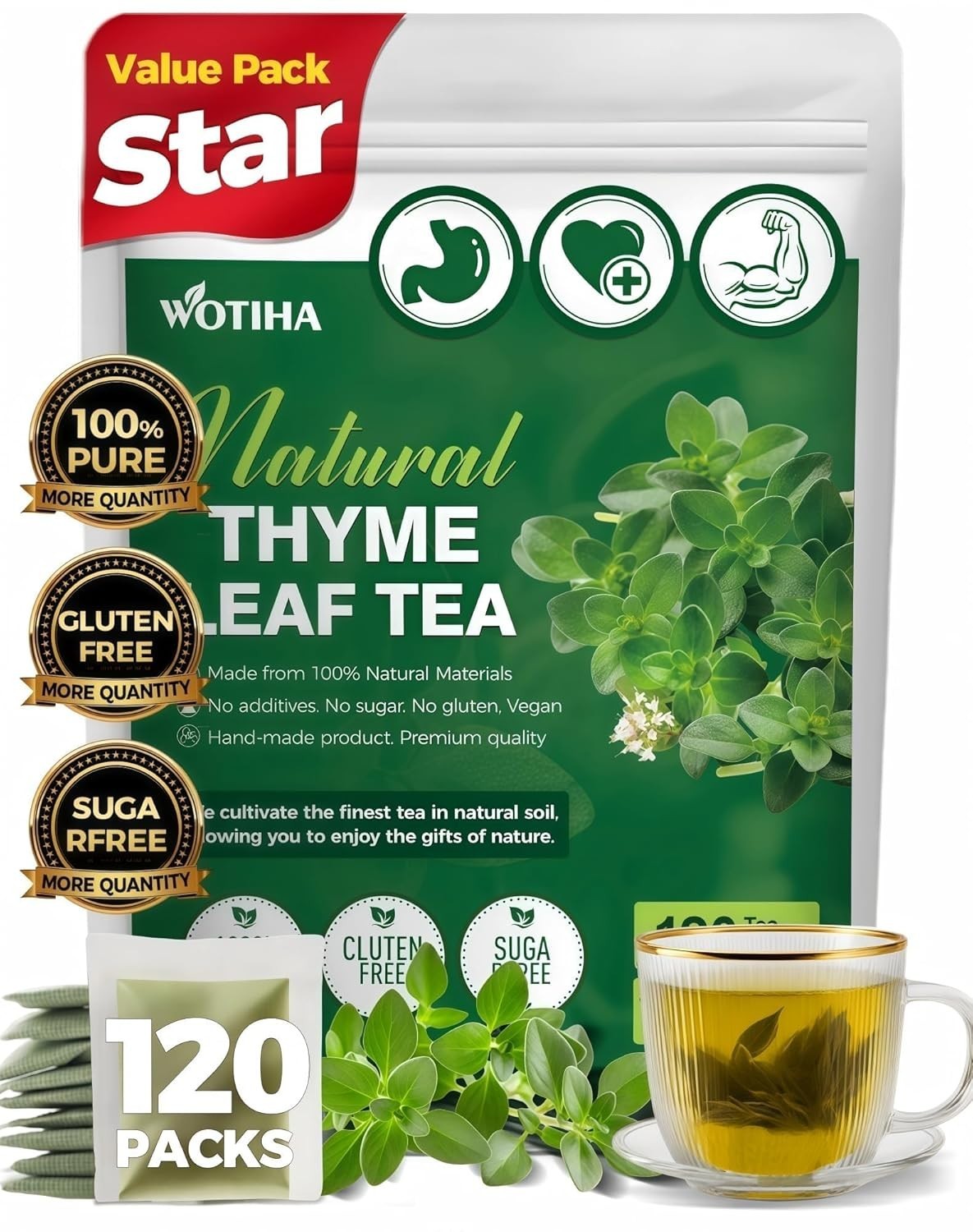 120 Count Thyme Leaf Tea Bags – 100% Natural & Pure Herbal Tea, Suppo…