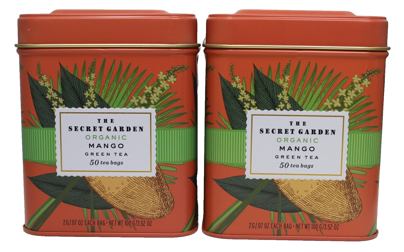x2 Organic Mango Green Tea Secret Garden 50 ea Tea Bags Reusable Tin New