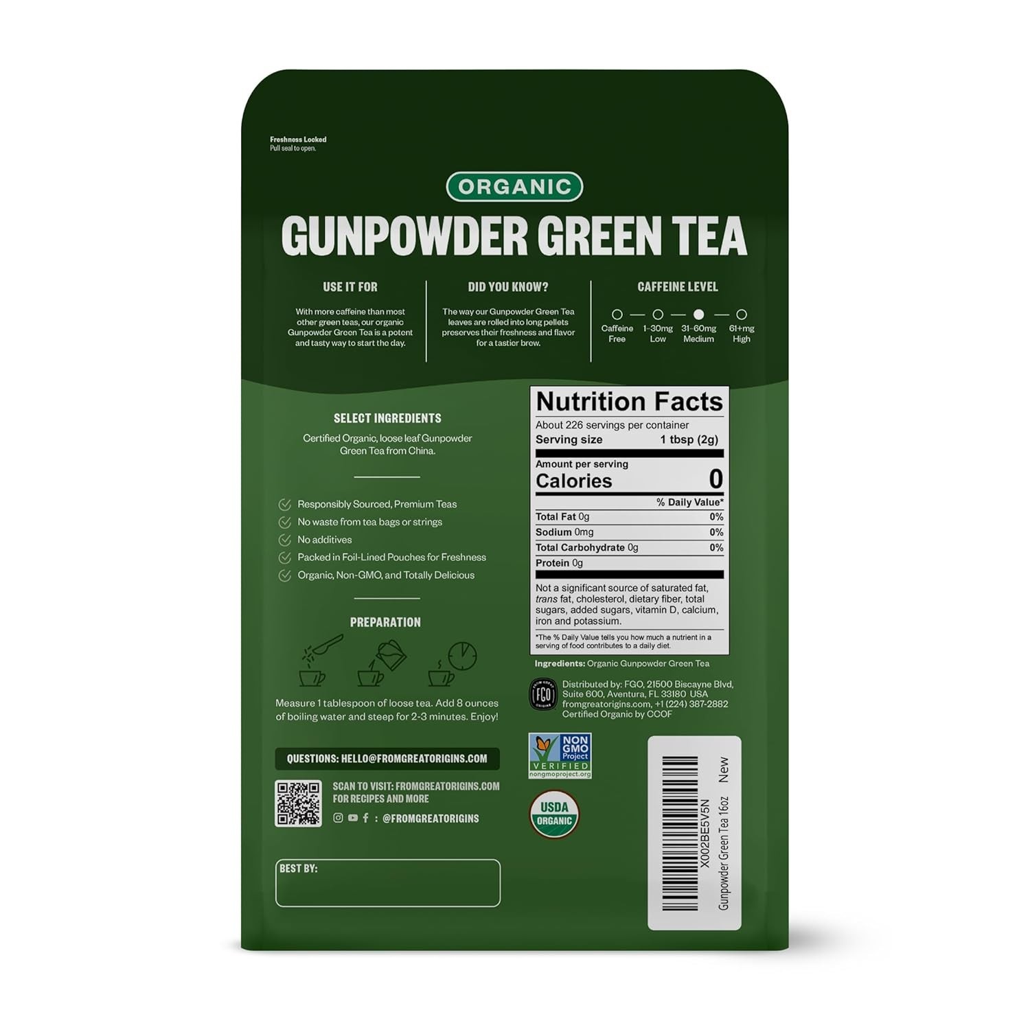 Organic Gunpowder Green Tea, Loose Leaf, 453g Bulk Resealable Bag, Packaging …