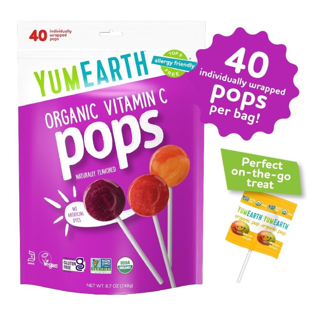 YumEarth Organic Vitamin C Pops 40 Count Allergy Friendly Lollipops