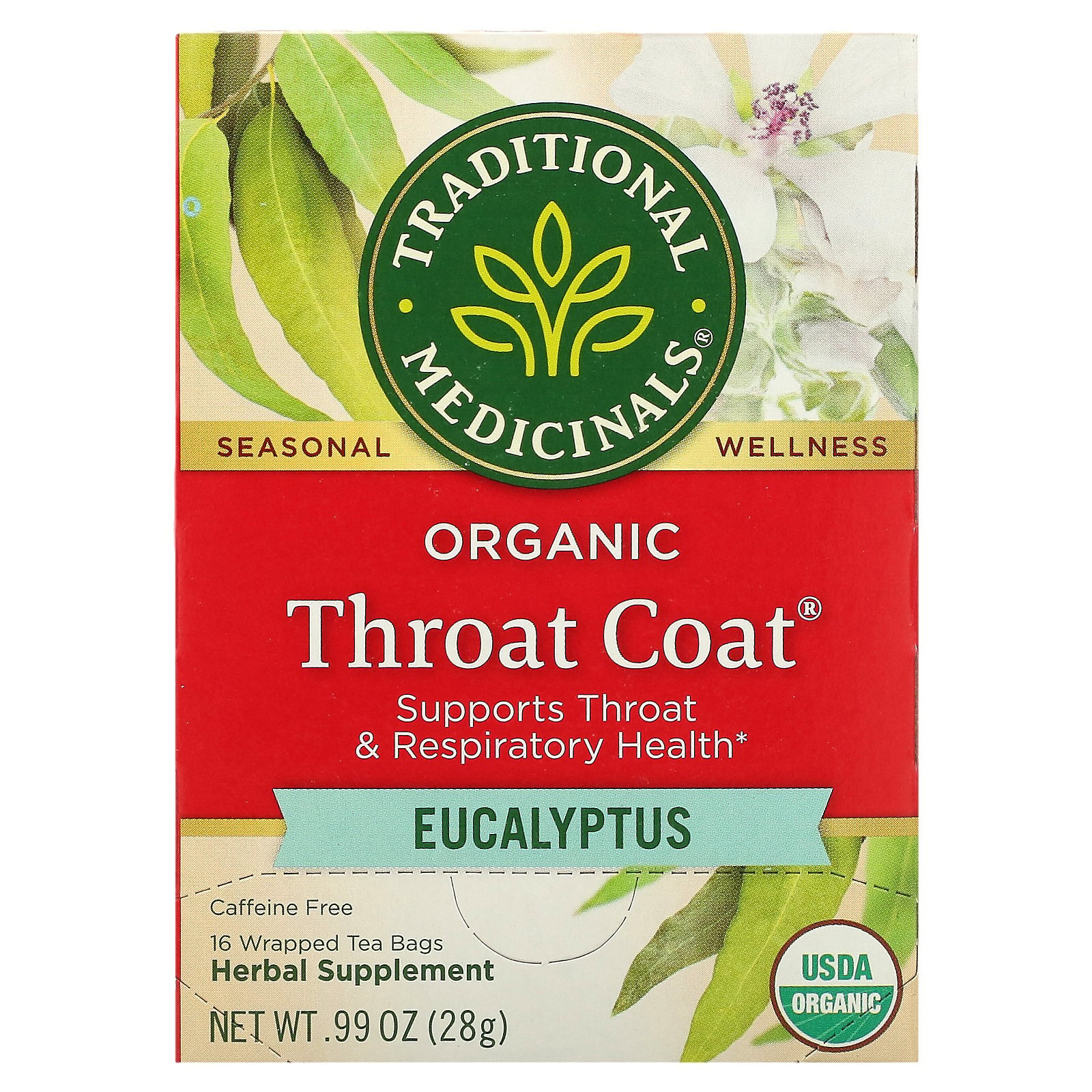Organic Throat Coat, Eucalyptus, Caffeine Free, 16 Wrapped Tea Bags, 0.99 oz (28