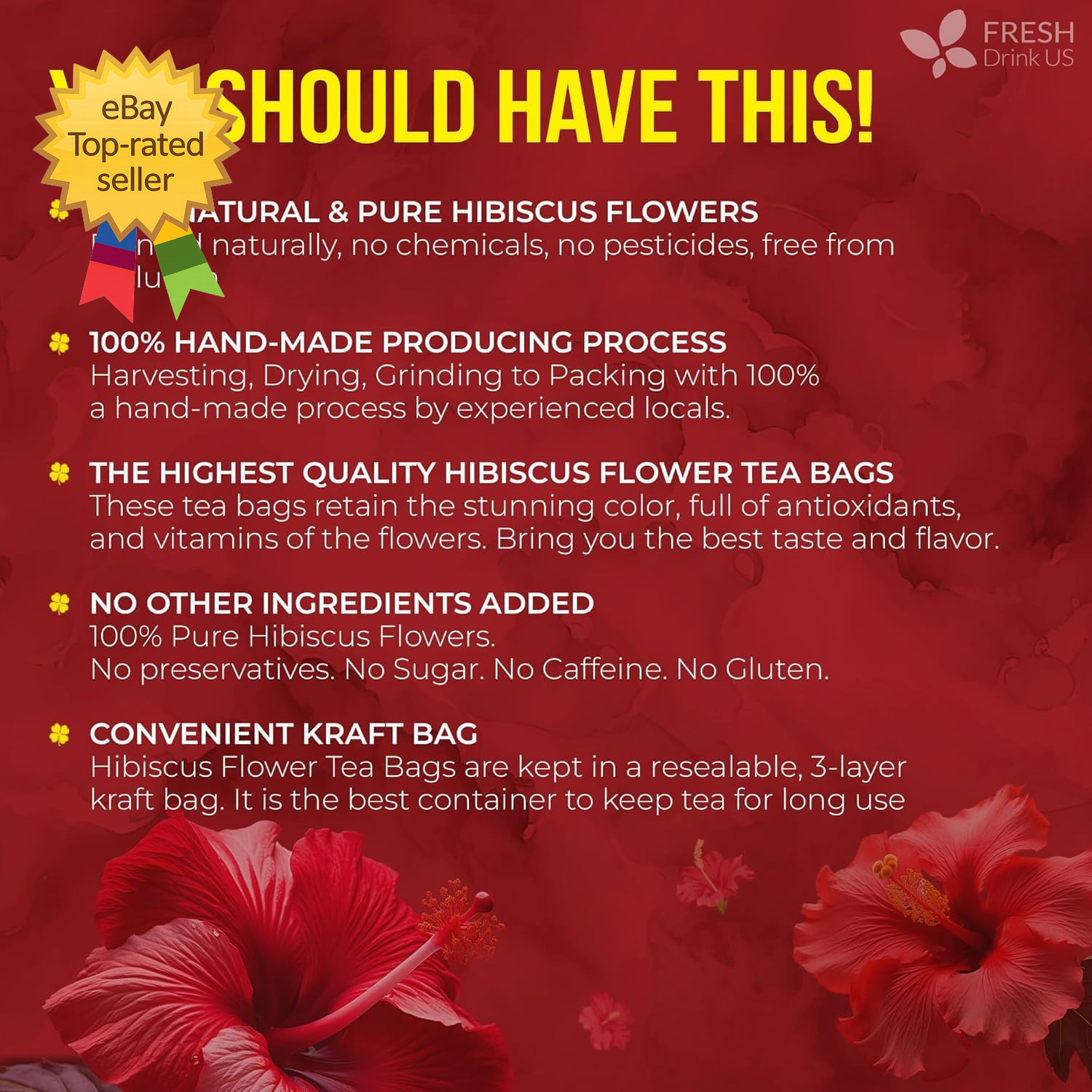 140 Hibiscus Flower Tea Bags Natural Herbal Loose Flower Tea Caffeine Free Vegan