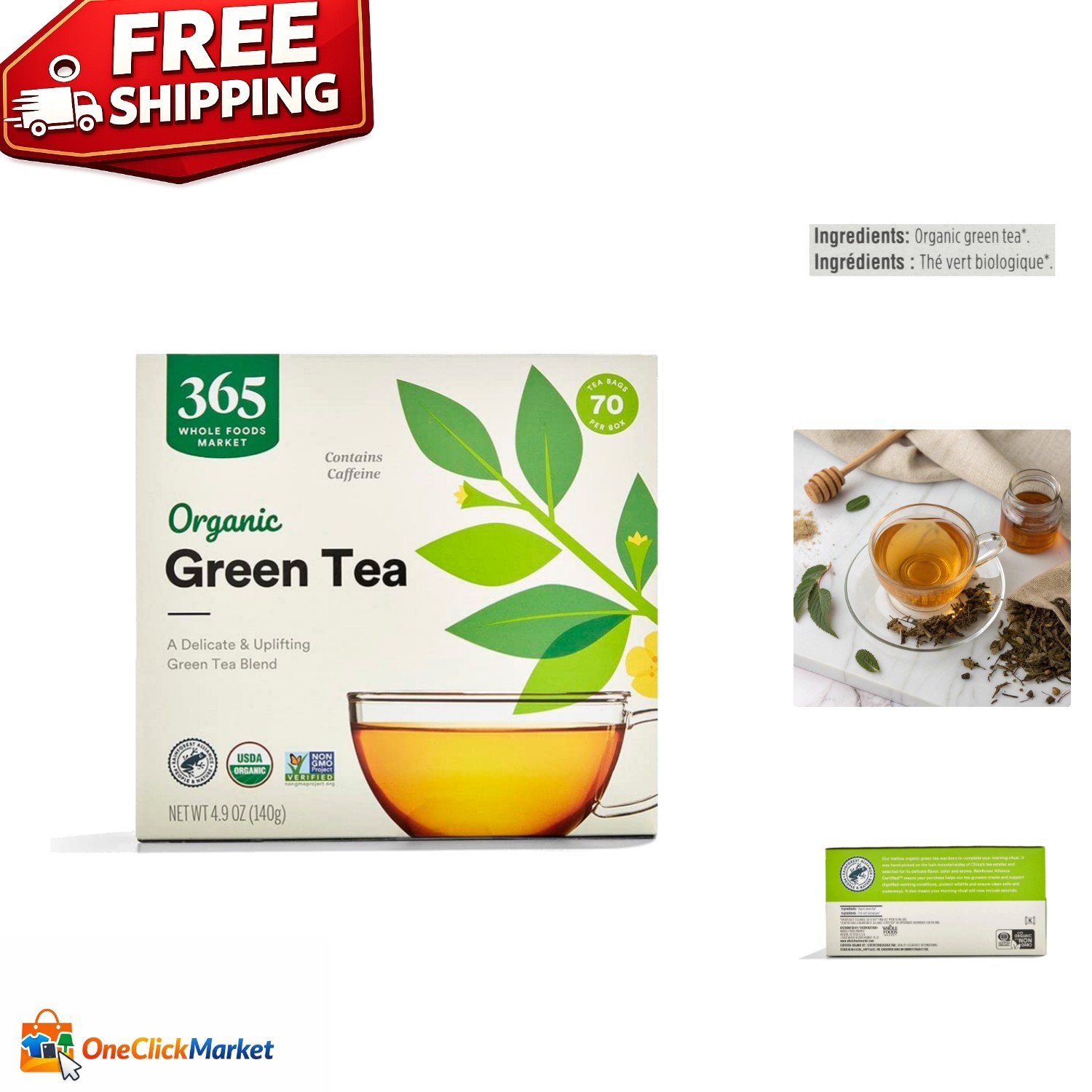 USDA Organic Green Tea 70 CT – High Caffeine, Delicate Flavor, Antioxidant Rich