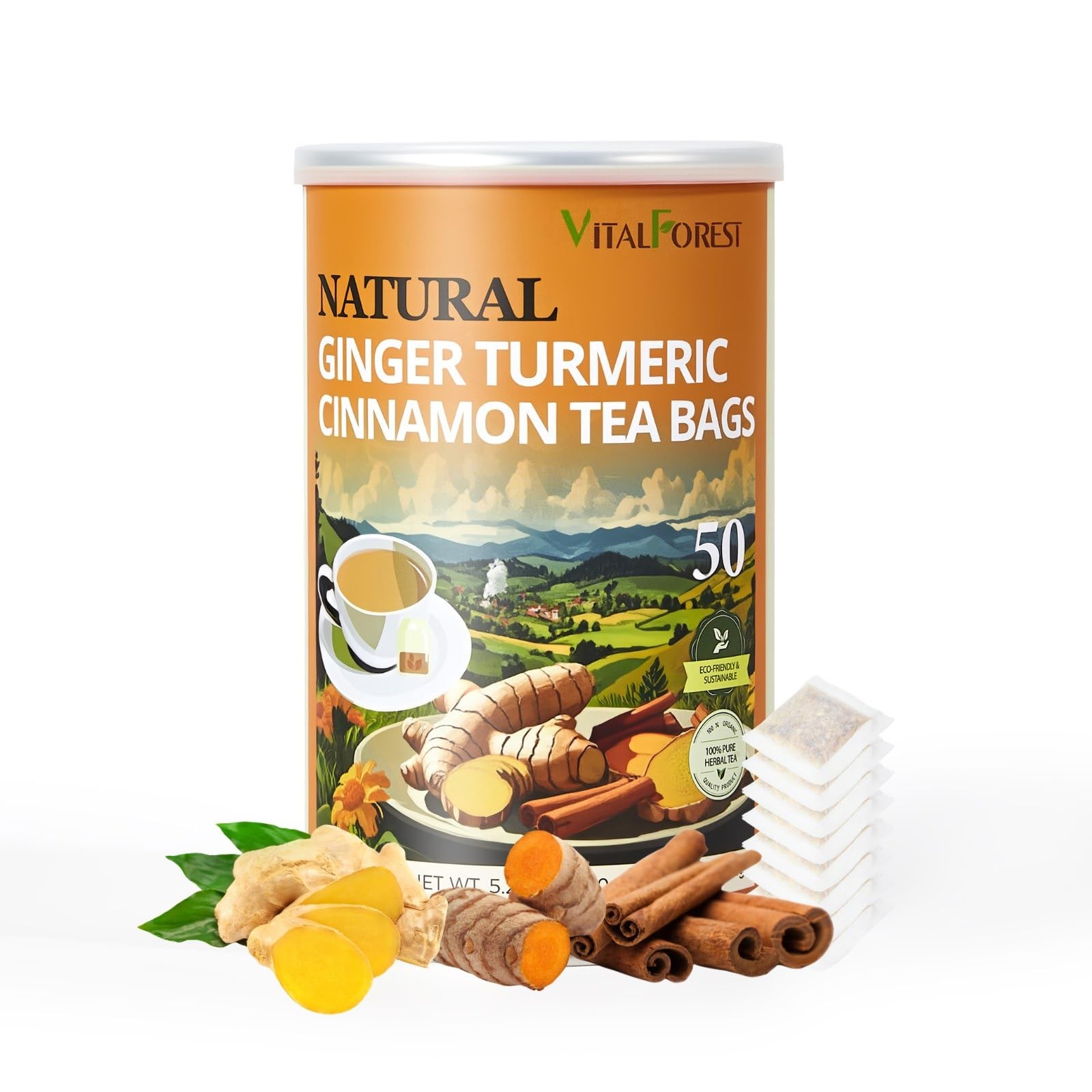 50 Premium Turmeric Ginger Cinnamon Tea Bags| Vitalforest Natural