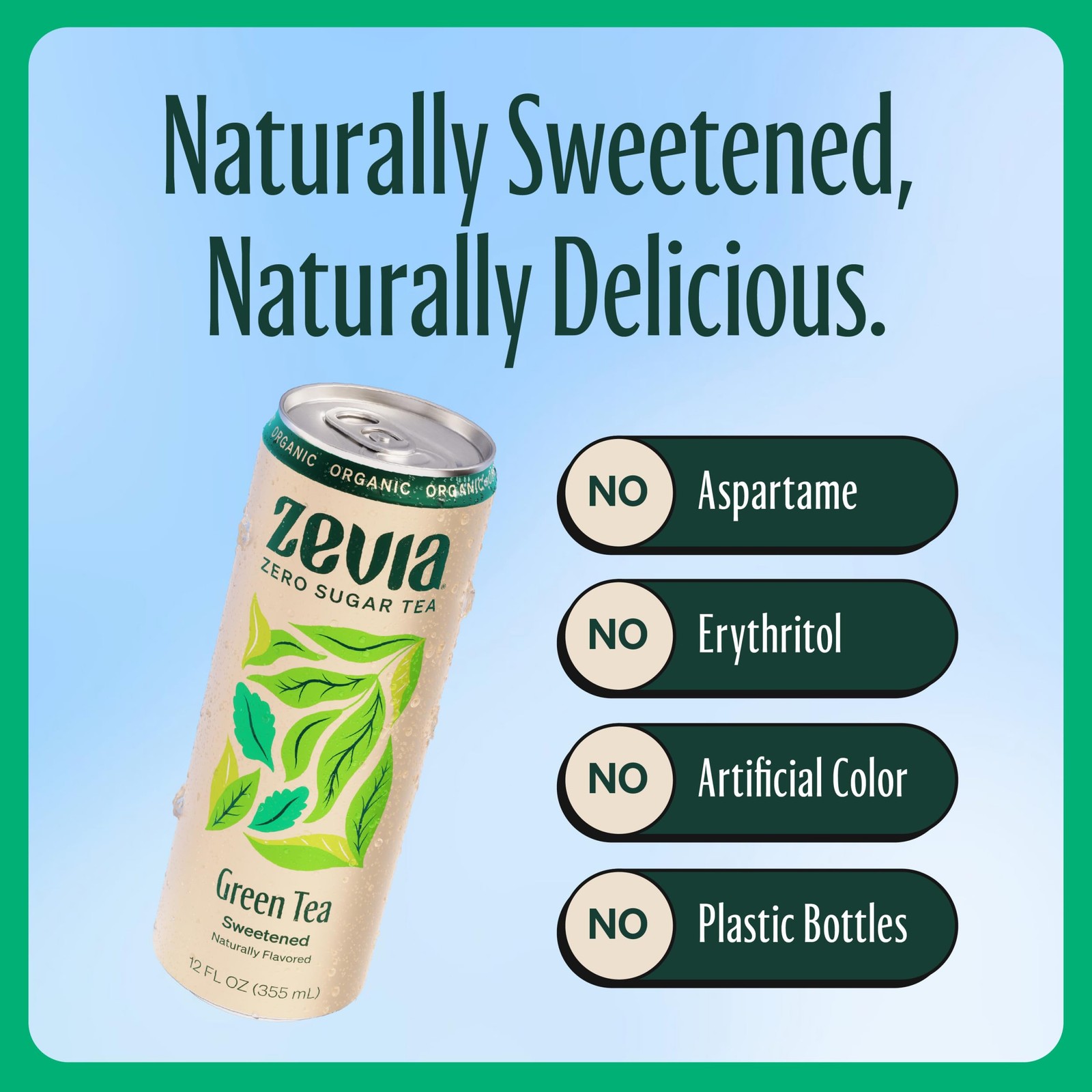 Zero Sugar Tea, Green Tea, 12 oz Cans (12-Pack) – Naturally Sweetened, Zero C…