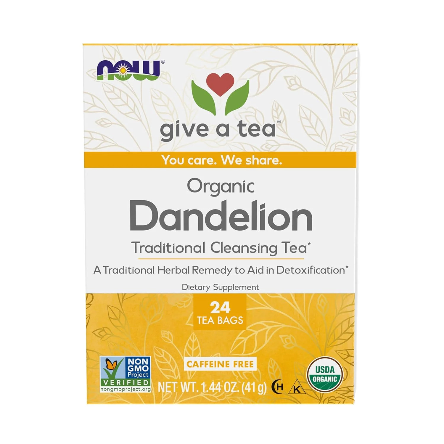 NOW Foods, Certified Organic Dandelion Traditional Cleansing Herbal Tea, Caffein