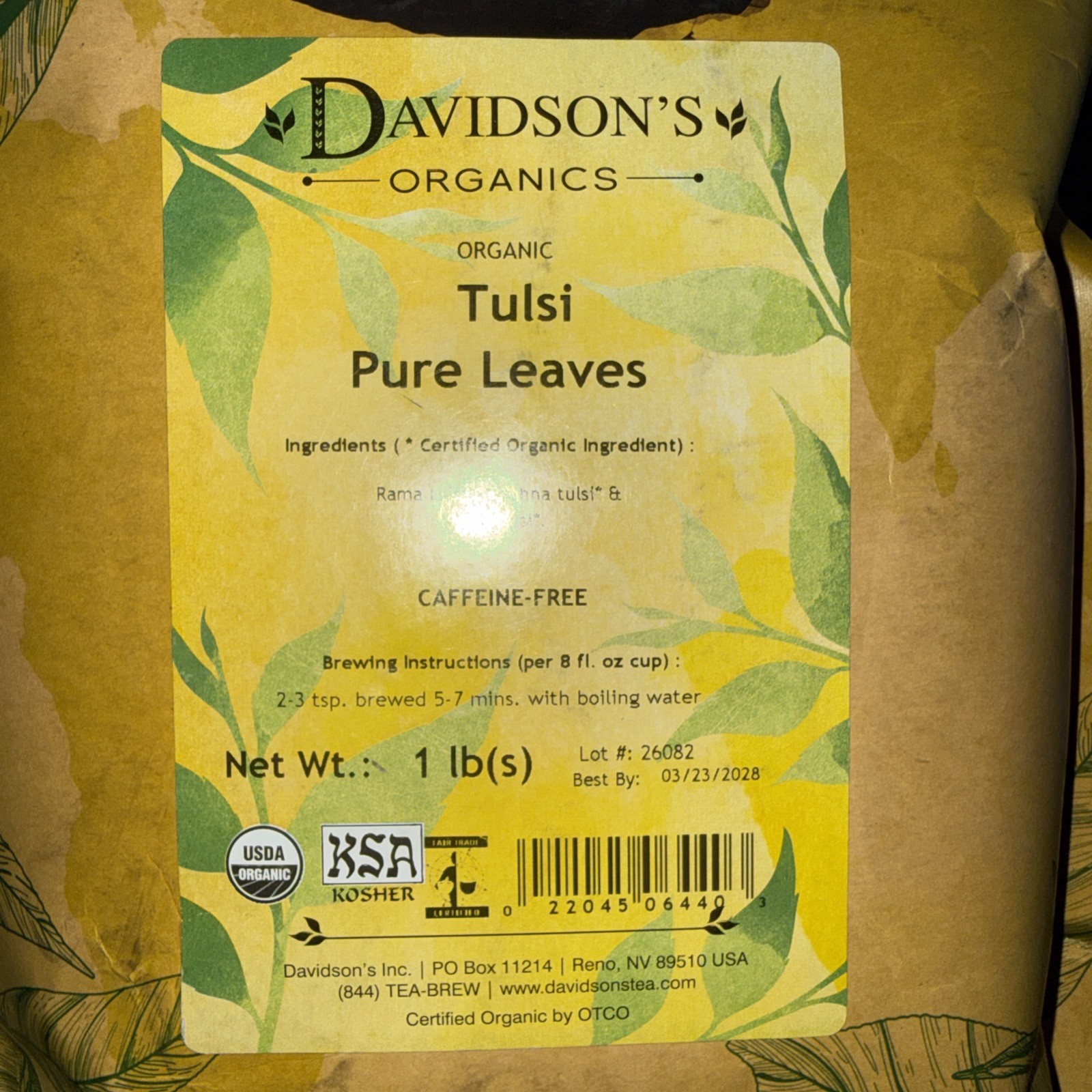 DAVIDSON’S* ORGANICS- ORGANIC Tulsi Pure Leaves Caffeine Free BB 3/23/28
