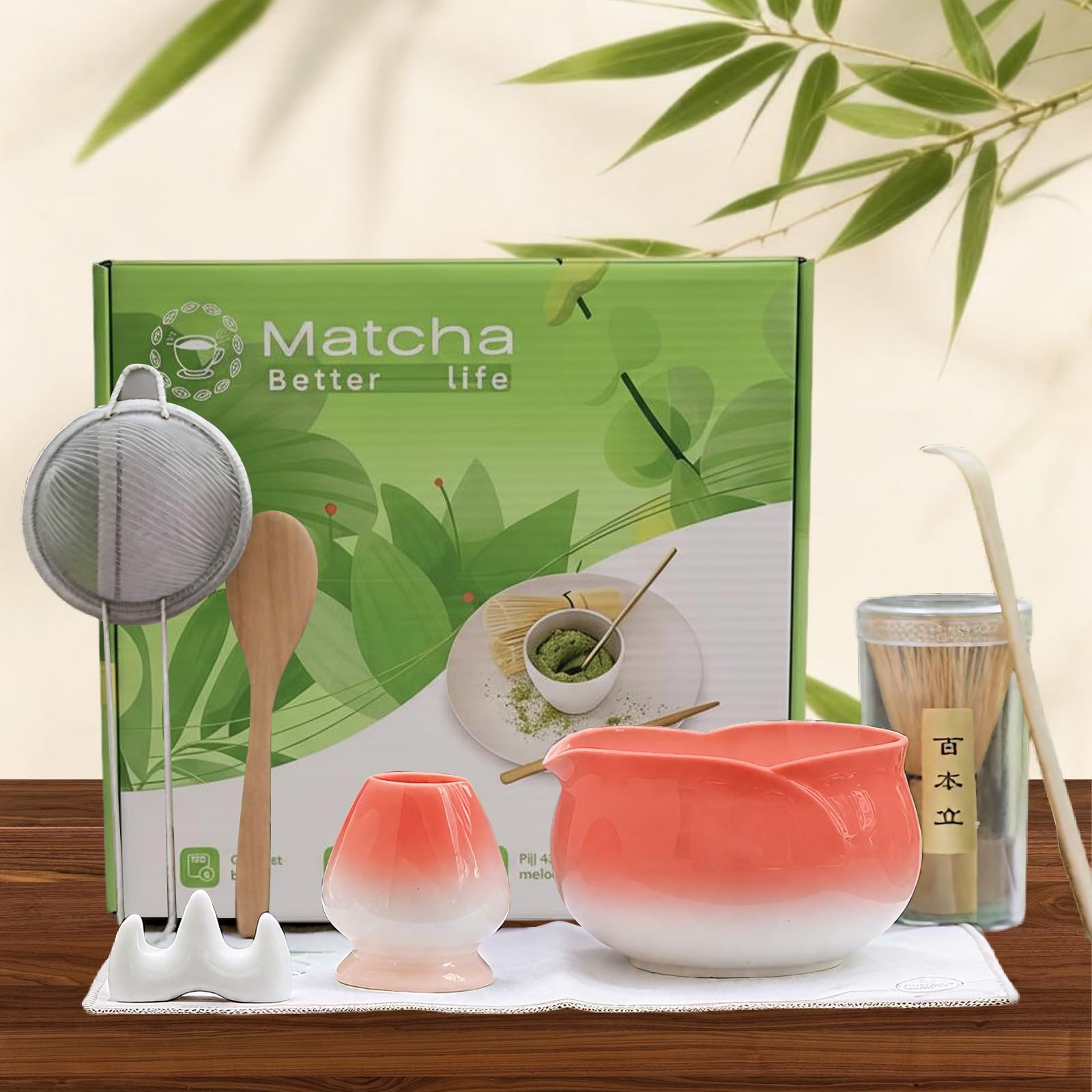 8 Pcs Matcha Whisk Set Chasen Matcha Whisk Bamboo Bowl with Spout Sifter Spoo…