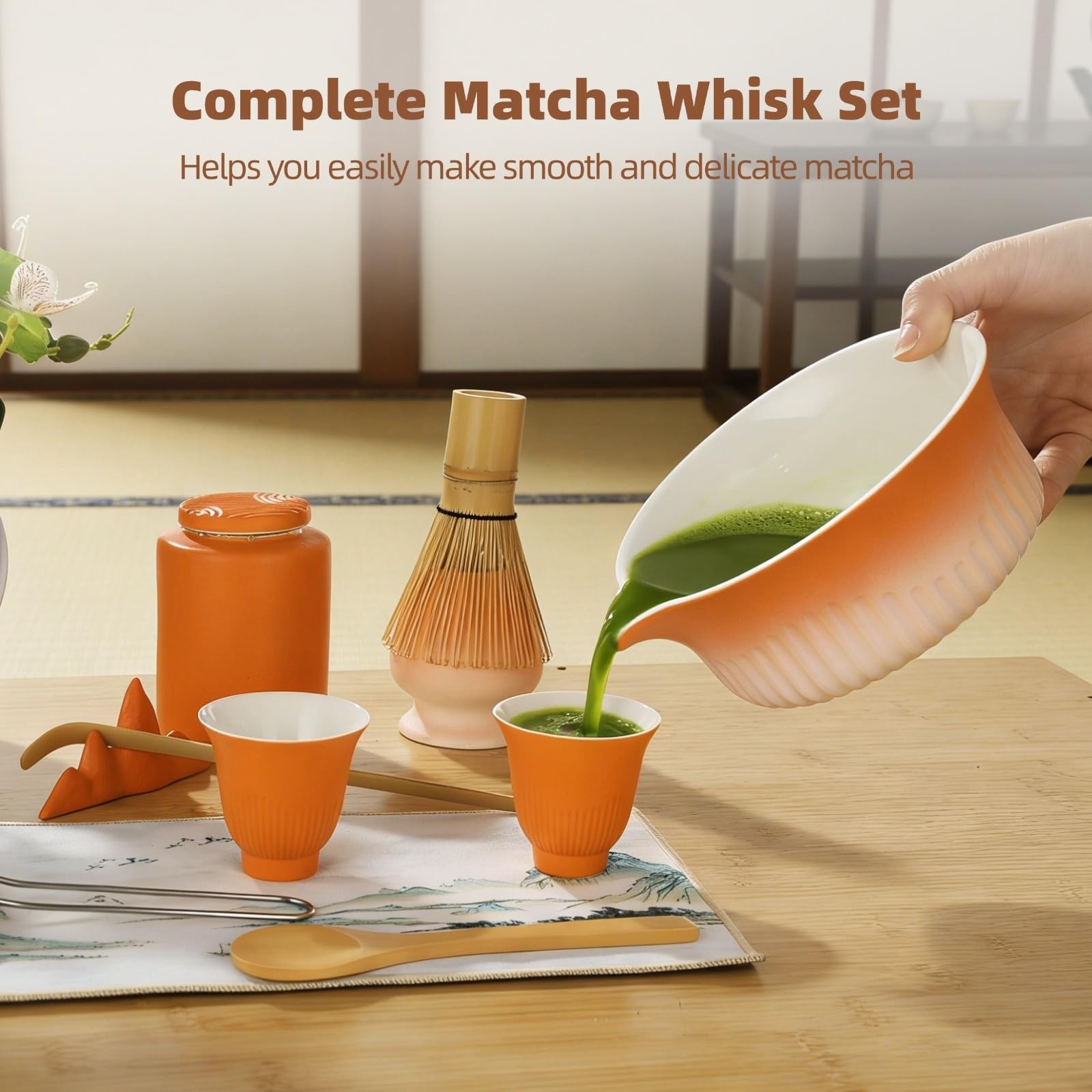 Matcha Whisk Set, 11 Pcs Ceramic Matcha Making Set, Orange Gradient Tea Bowl …