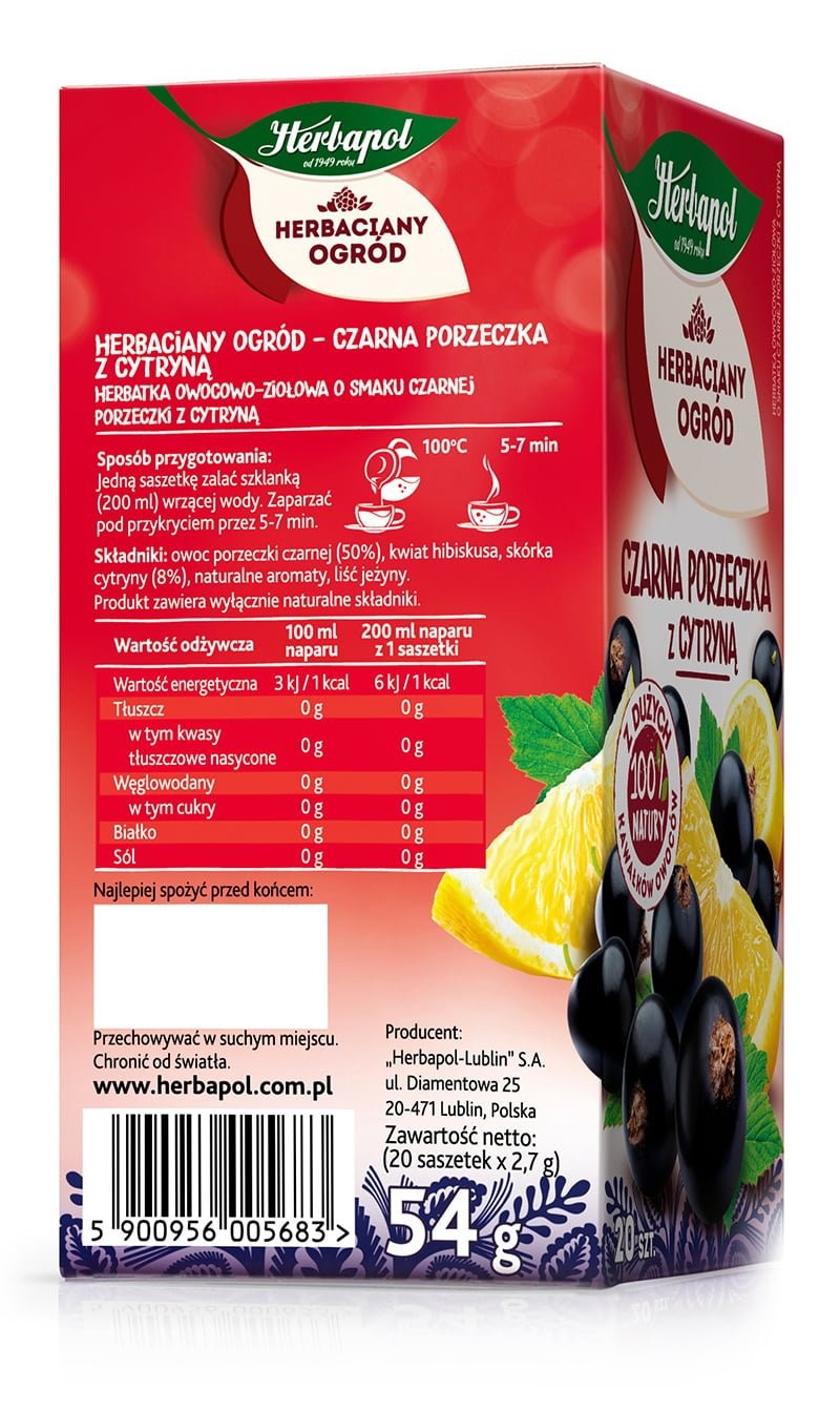 Herbapol Tea Garden – BLACKCURRANT & LEMON – Box 20 bags / 54g / 1.9oz