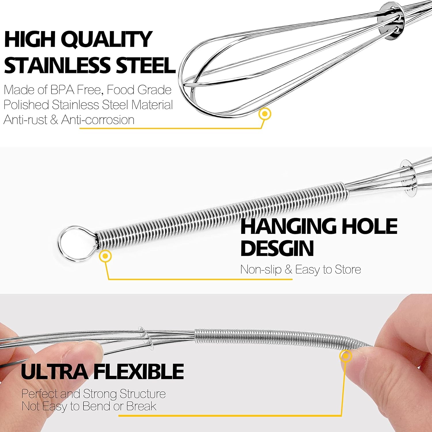 Anaeat Mini Wire Whisks, Set of 2 Portable Stainless 5+7 inches, Silver 2Pcs