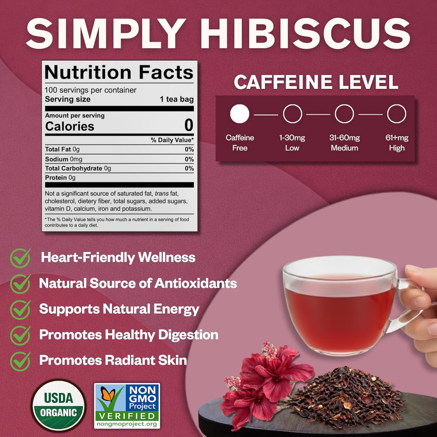 Organic Hibiscus Tea – 100 Eco-Conscious Tea Bags, Caffeine-Free Delight