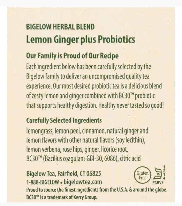 Bigelow Tea Herbal Plus Probiotics Lemon Ginger 18 Bag( 2packs)
