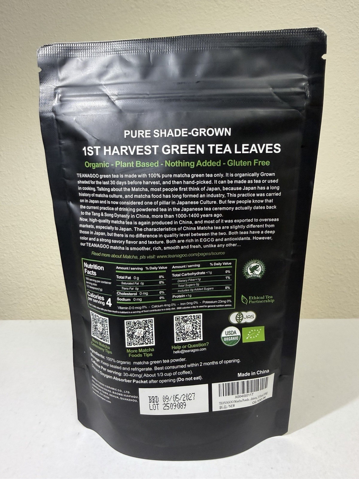 TEANAGOO Pure Organic Ceremonial Grade Matcha Powder 100g USDA Organic