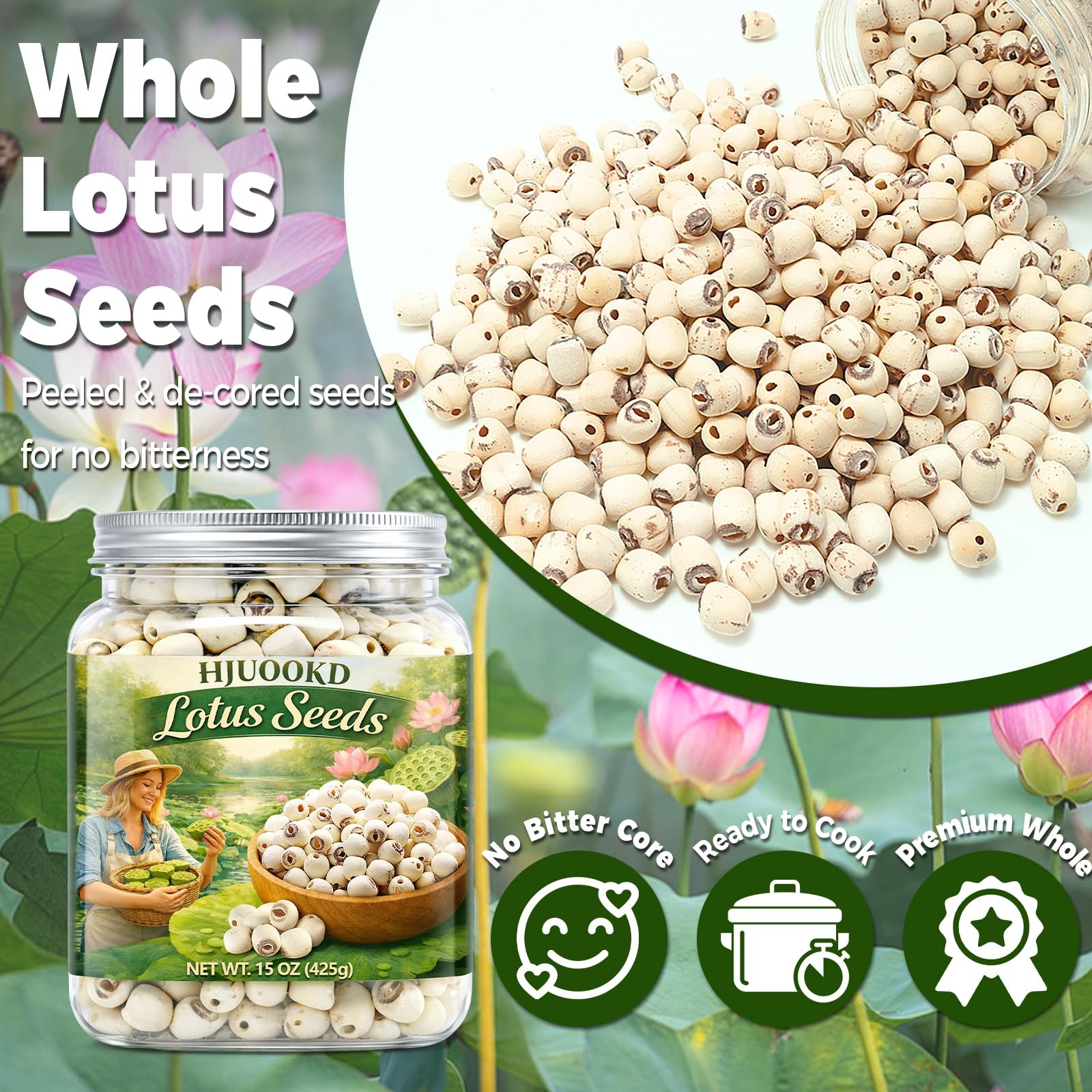 15oz Natural Dried Lotus Seeds, 425g Pure White Lotus Seed, Peeled & De-cored…