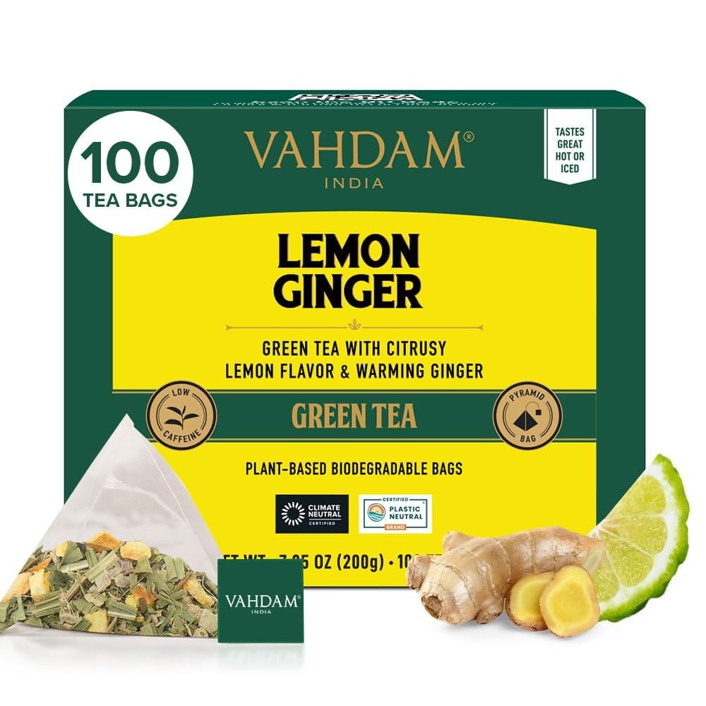 VAHDAM, Lemon Ginger Tea Bags (100 Green Bags) Low 100 Count (Pack of 1)