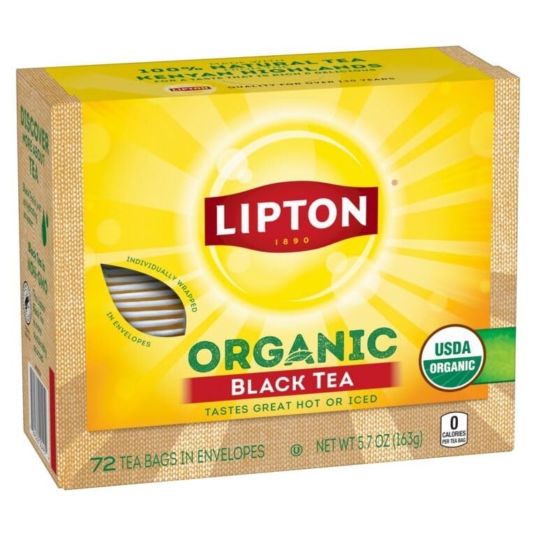 Lipton Organic Tea Bags, Black Tea, Iced or Hot Can 72 Count (Pack of 5)