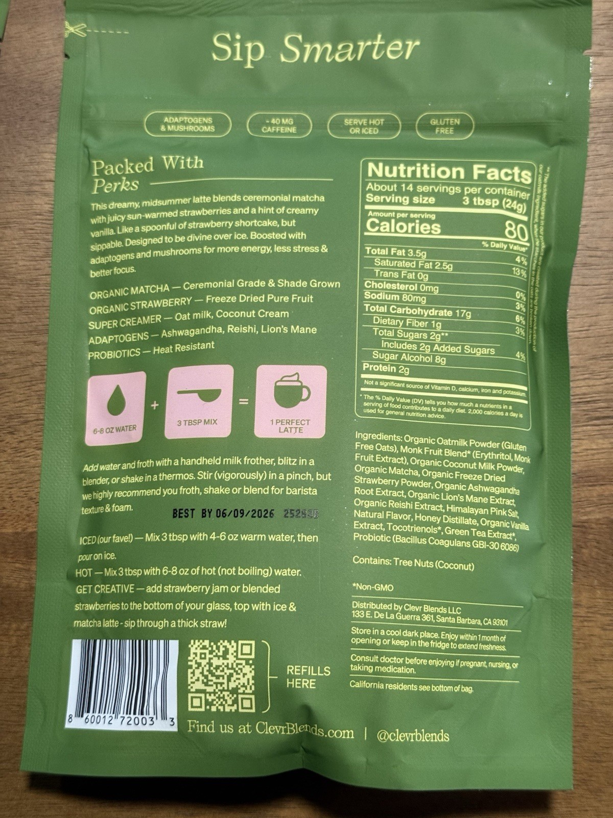 2x Clevr Iced Strawberry Matcha Superlatte 14 Servings Each Bag